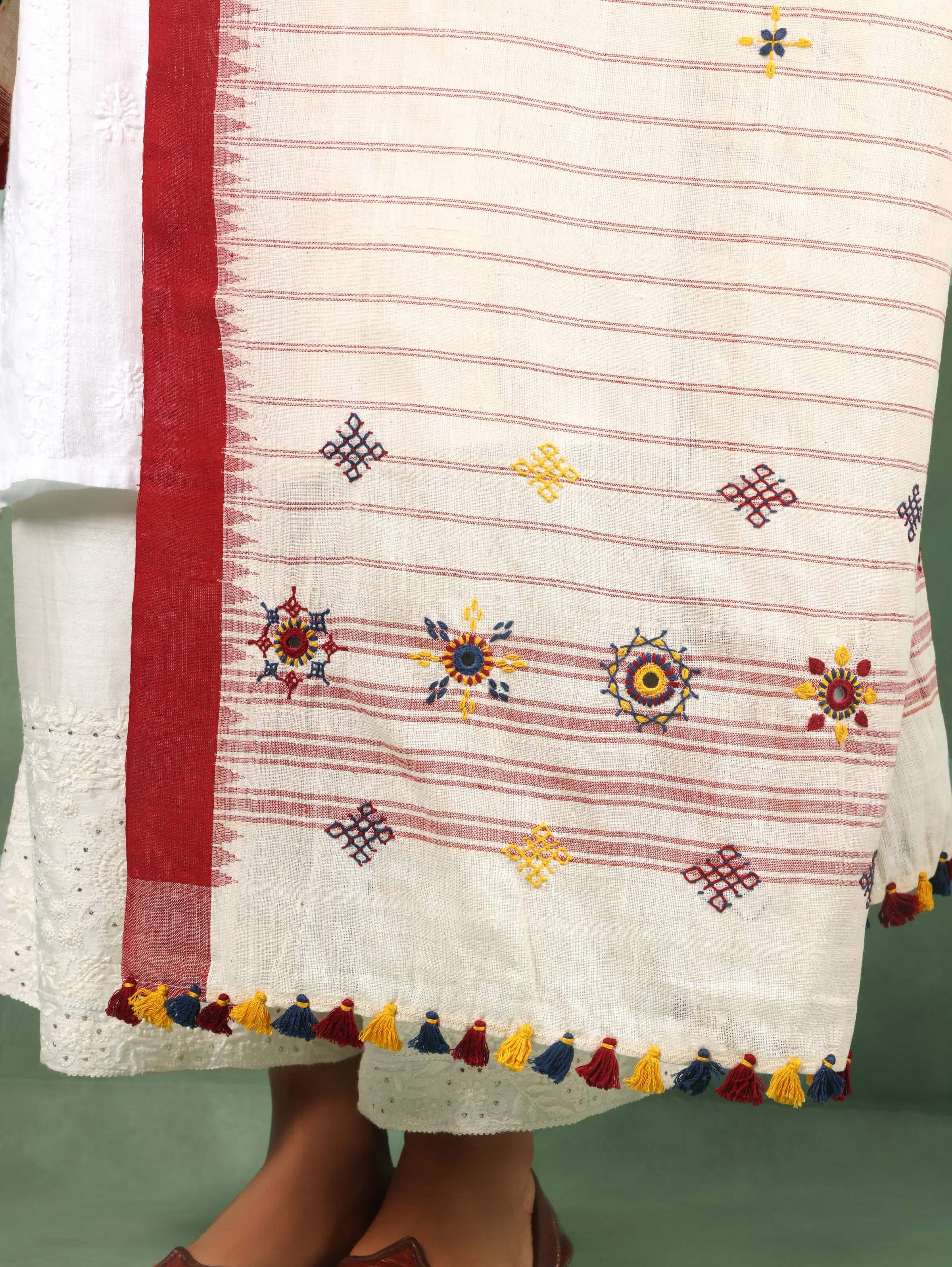 Angled view of Red Cotton Lambani Embroidered Dupatta emphasizing the overall design and craftsmanship.