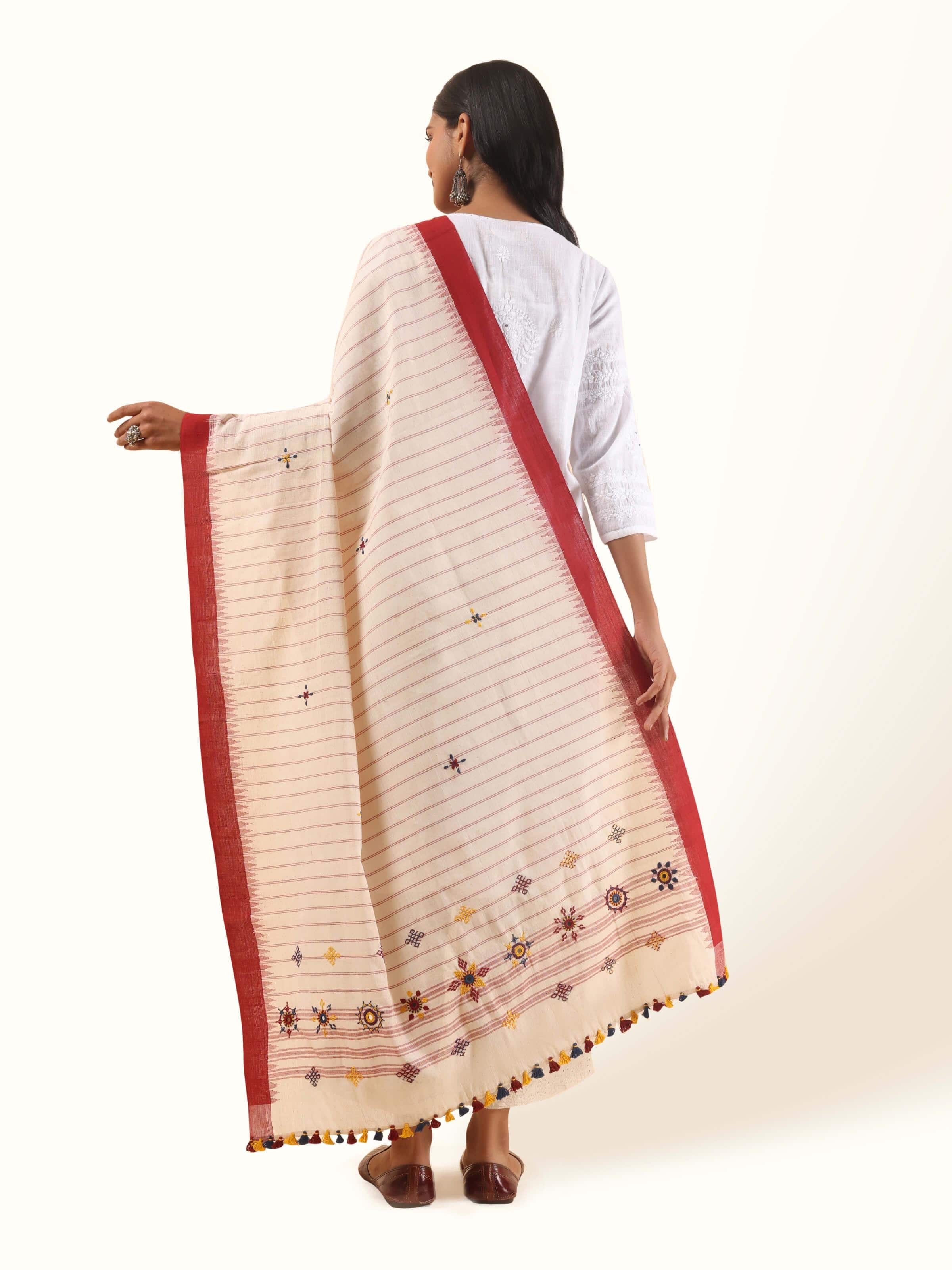 Top view of Red Cotton Lambani Embroidered Dupatta showing the detailed embroidery and fabric layout.
