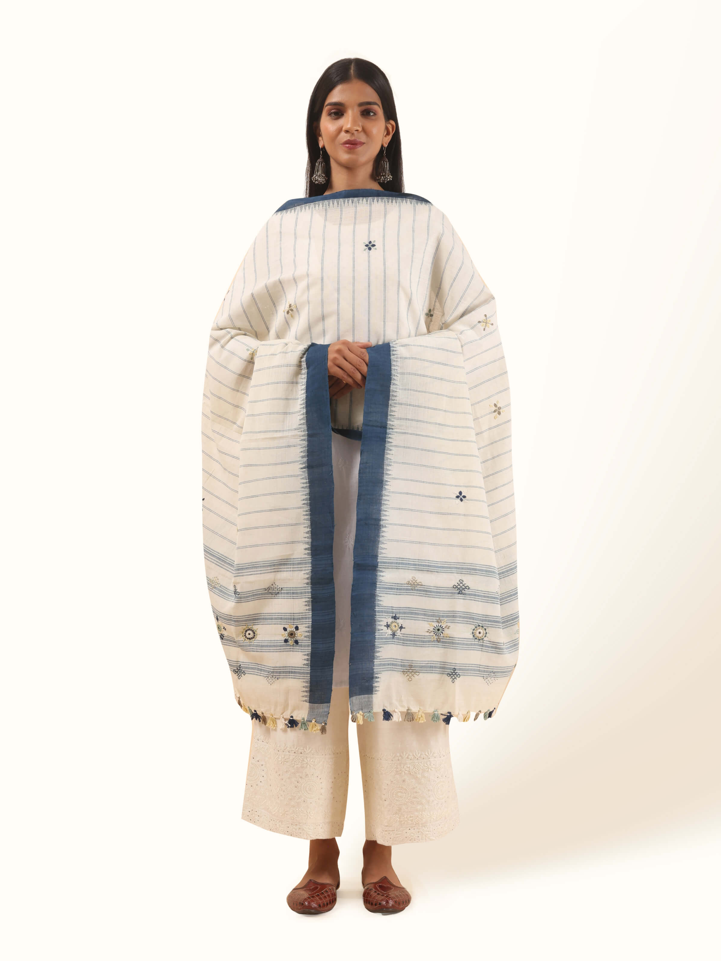 Front view of blue cotton Lambani embroidered dupatta featuring colorful traditional motifs.