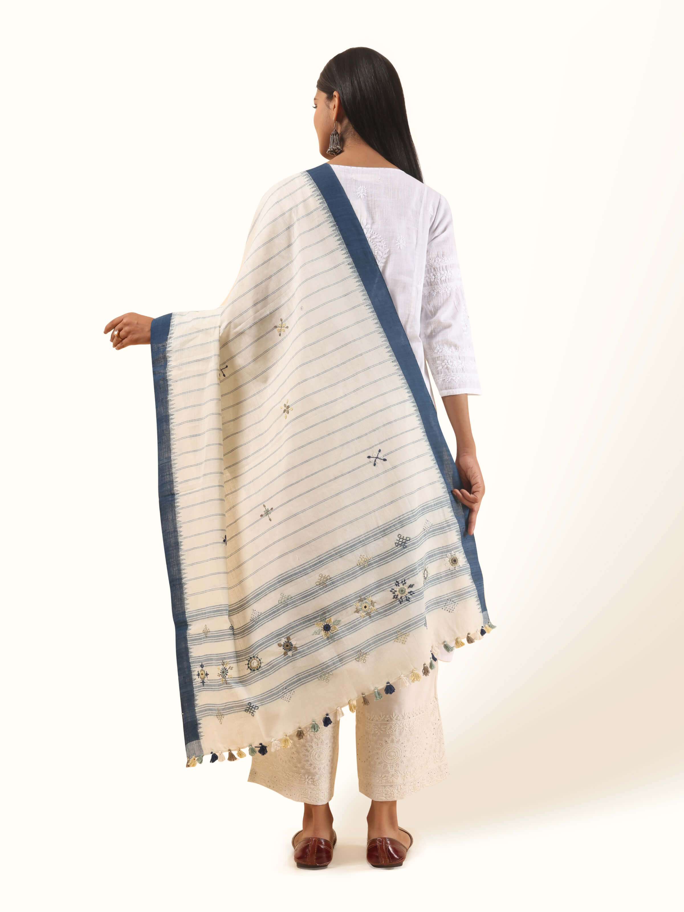 Back view of blue cotton Lambani embroidered dupatta displaying full length and pattern.