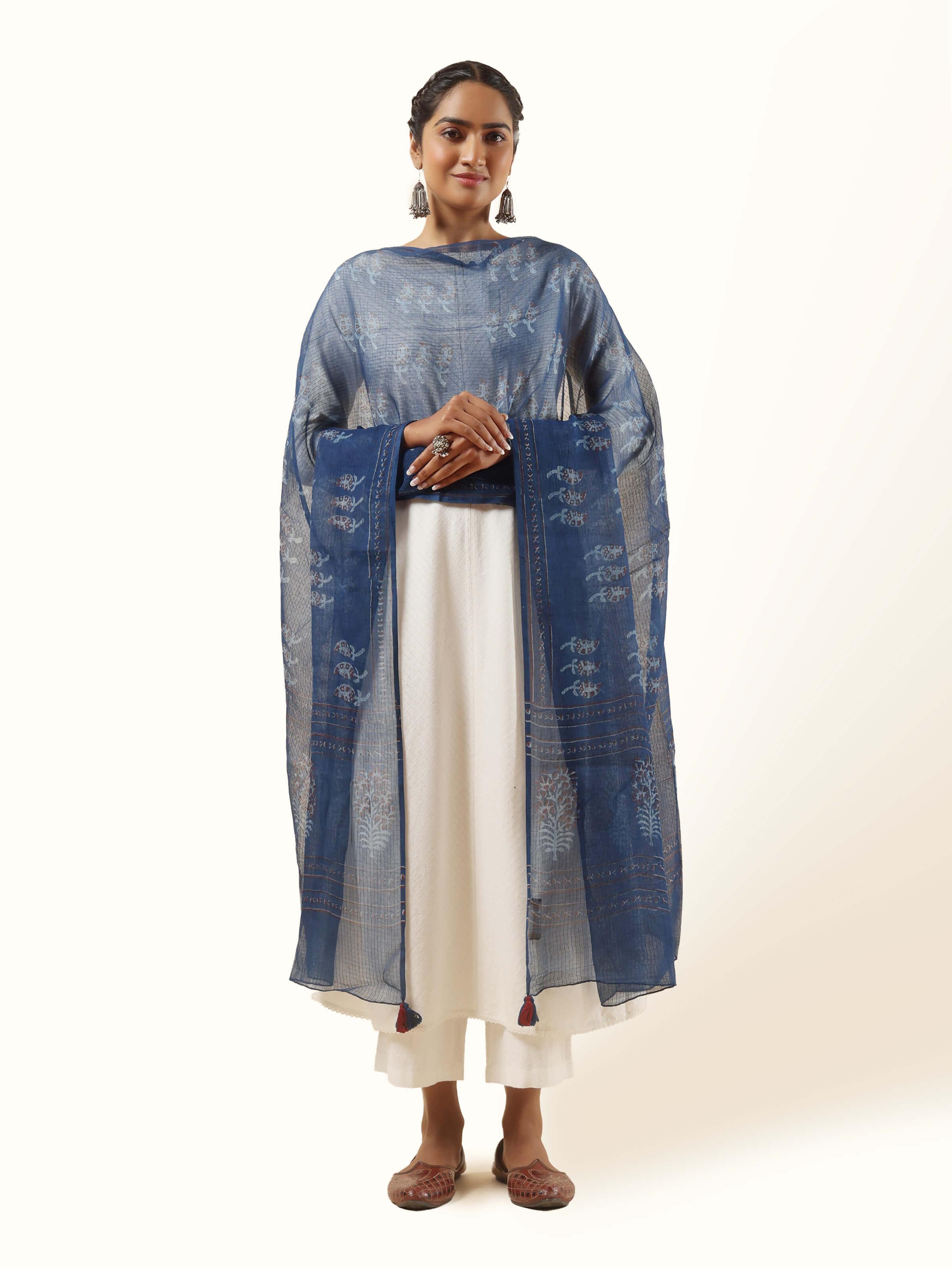Blue Cotton Dabu Block Printed Dupatta