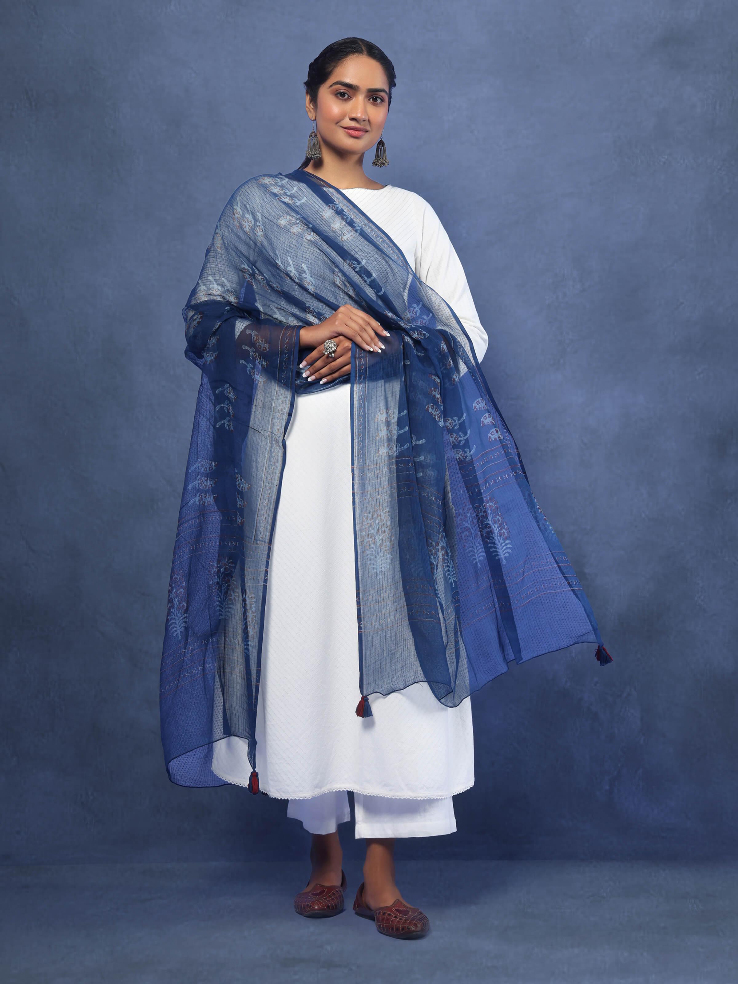 Blue Cotton Dabu Block Printed Dupatta