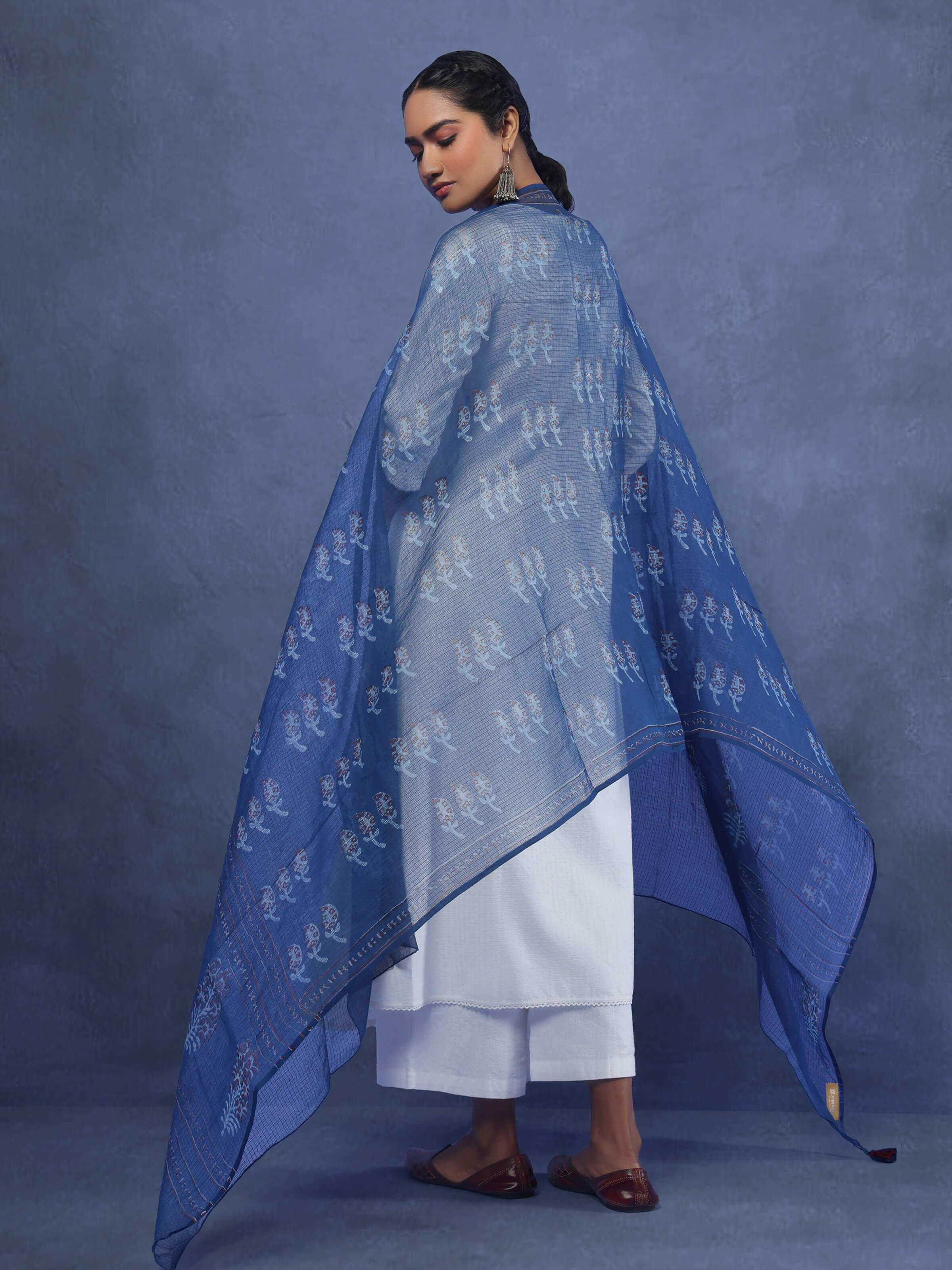 Blue Cotton Dabu Block Printed Dupatta