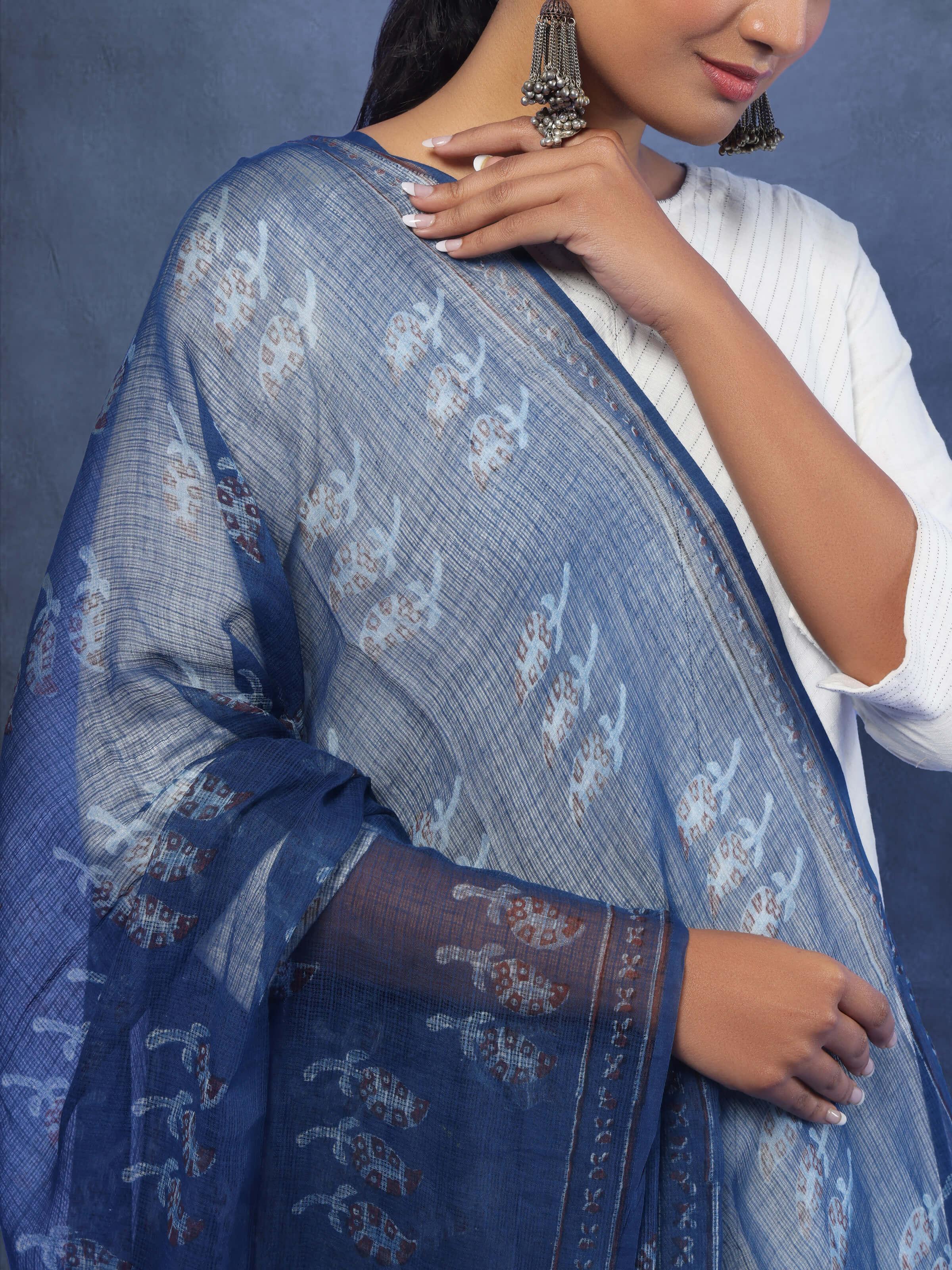 Blue Cotton Dabu Block Printed Dupatta