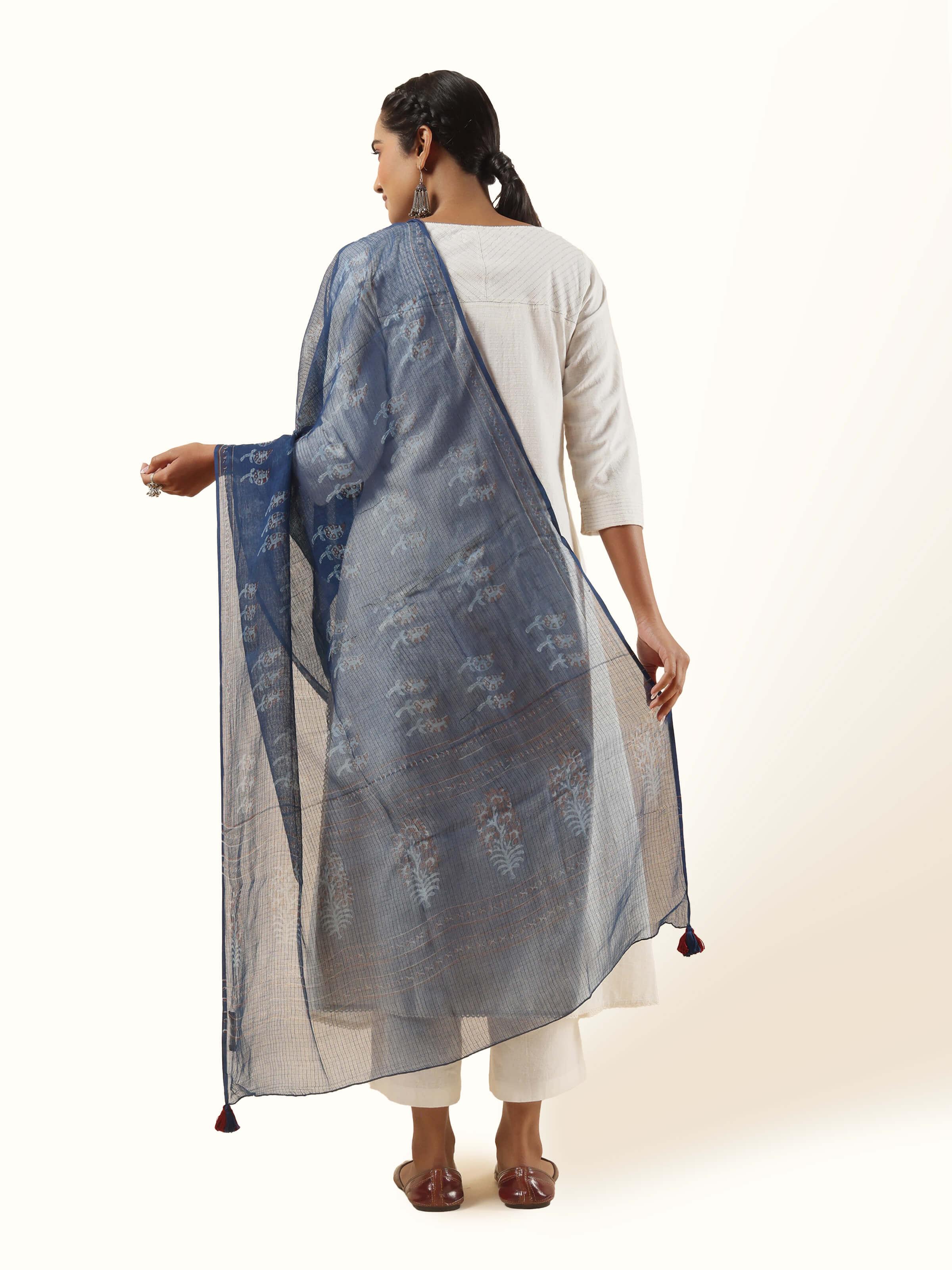 Blue Cotton Dabu Block Printed Dupatta
