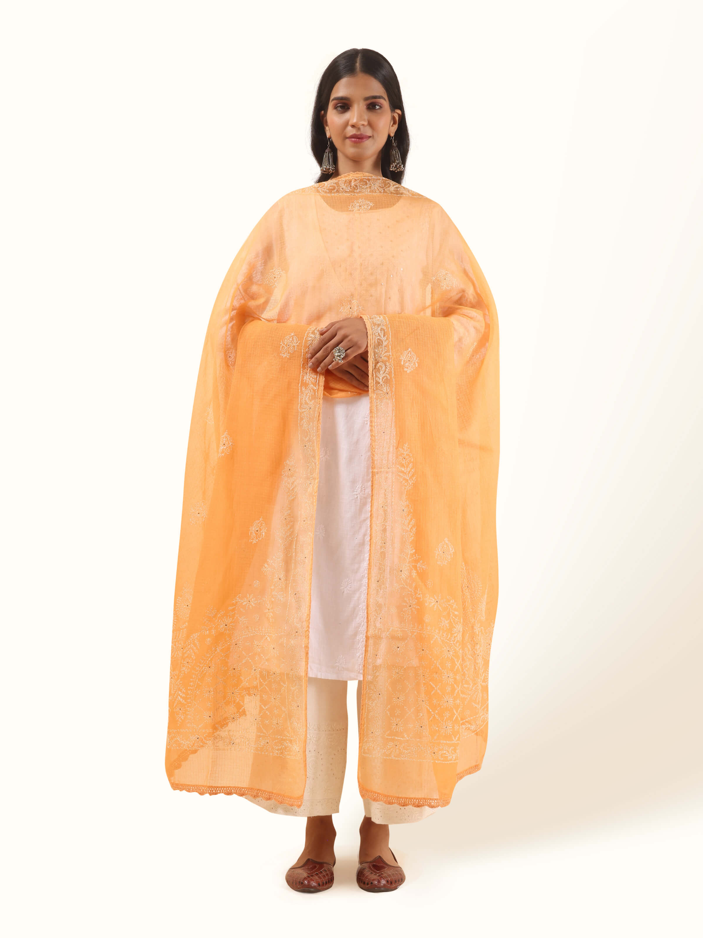 Mango Cotton Silk Chikankari Dupatta