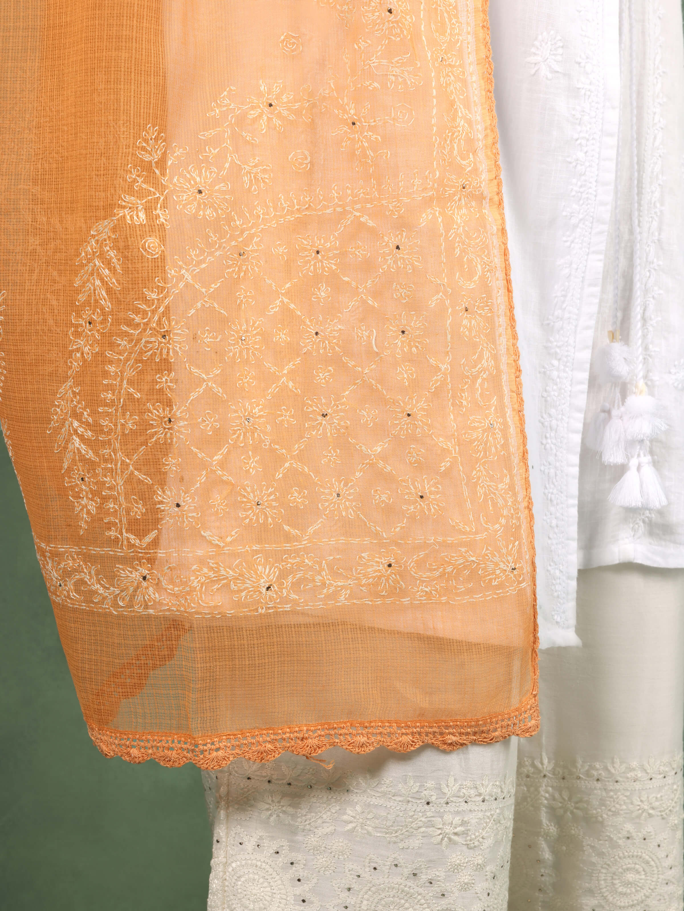 Mango Cotton Silk Chikankari Dupatta