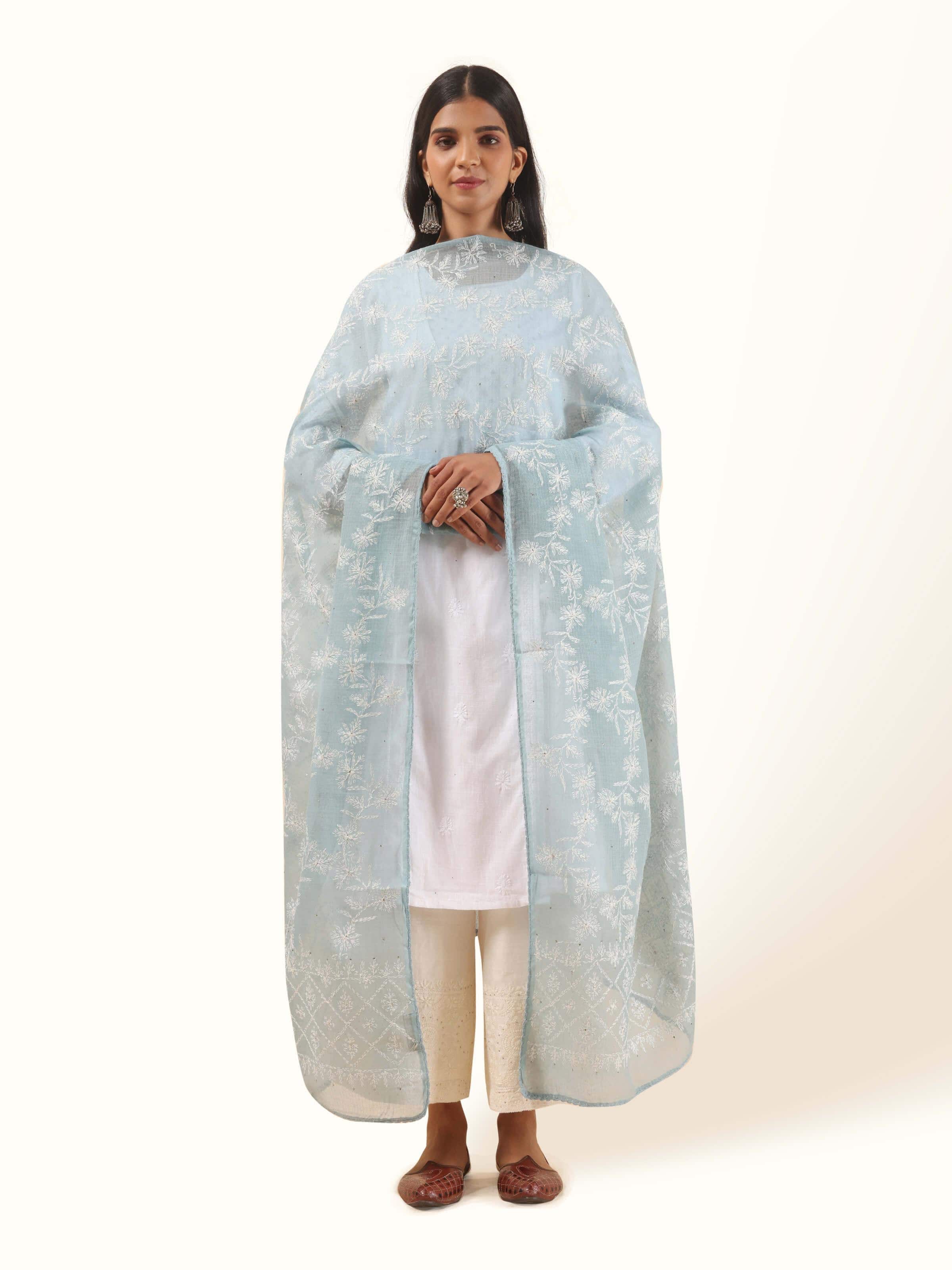 Front view of aqua cotton silk dupatta with delicate Chikankari hand embroidery