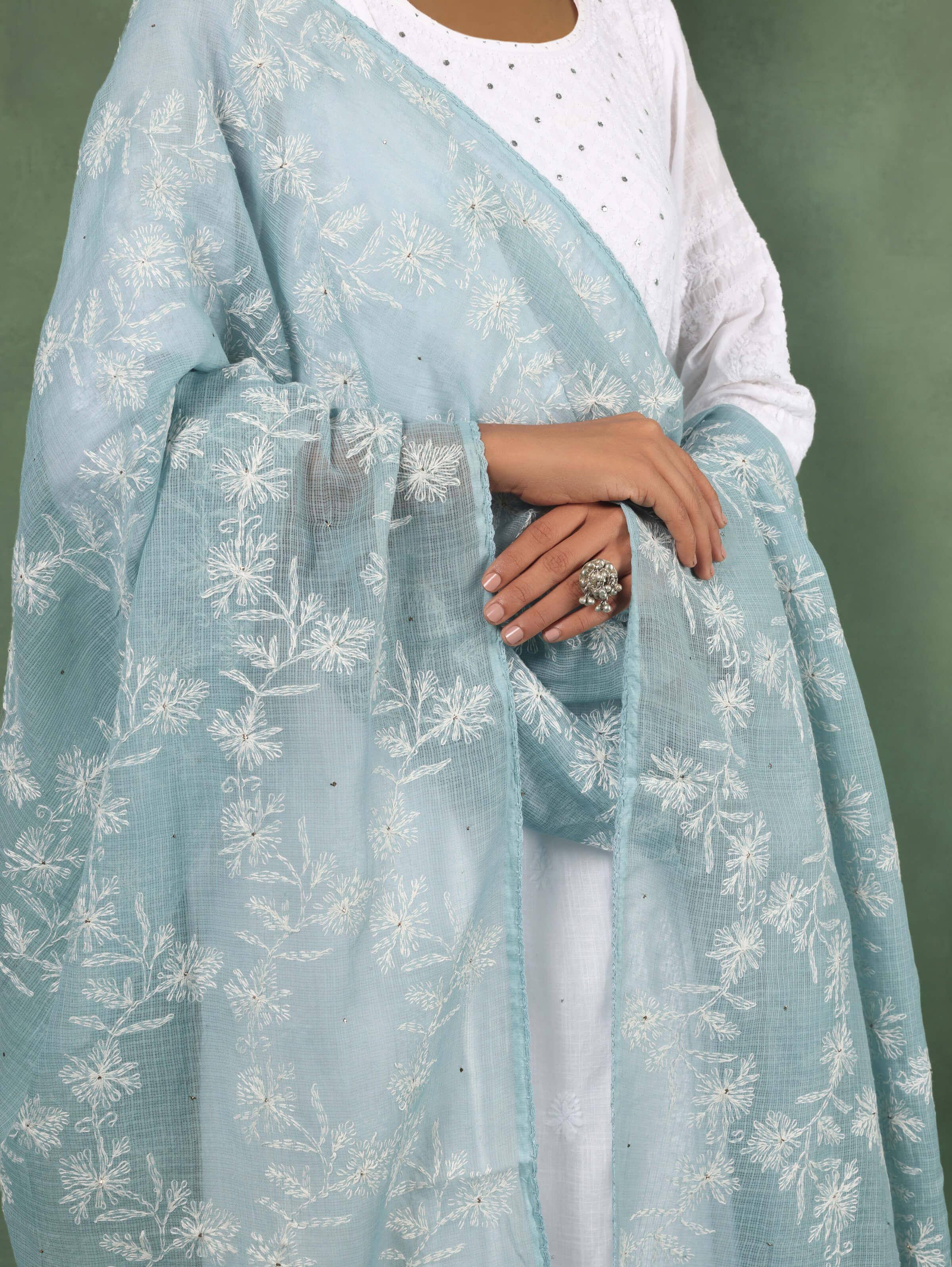 Angled view of cotton silk dupatta highlighting floral Chikankari motifs