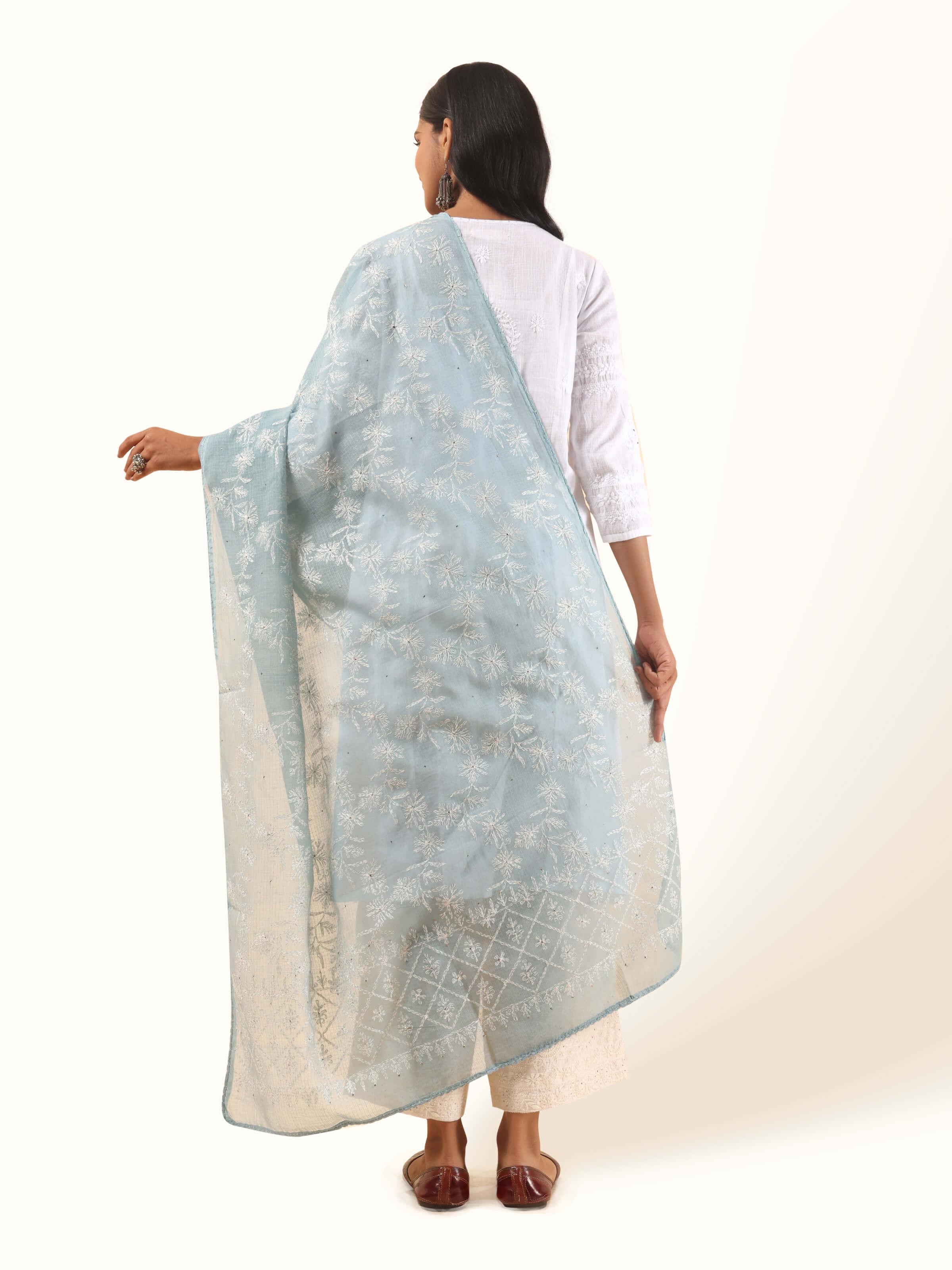 Back view of aqua cotton silk dupatta showcasing drape and texture