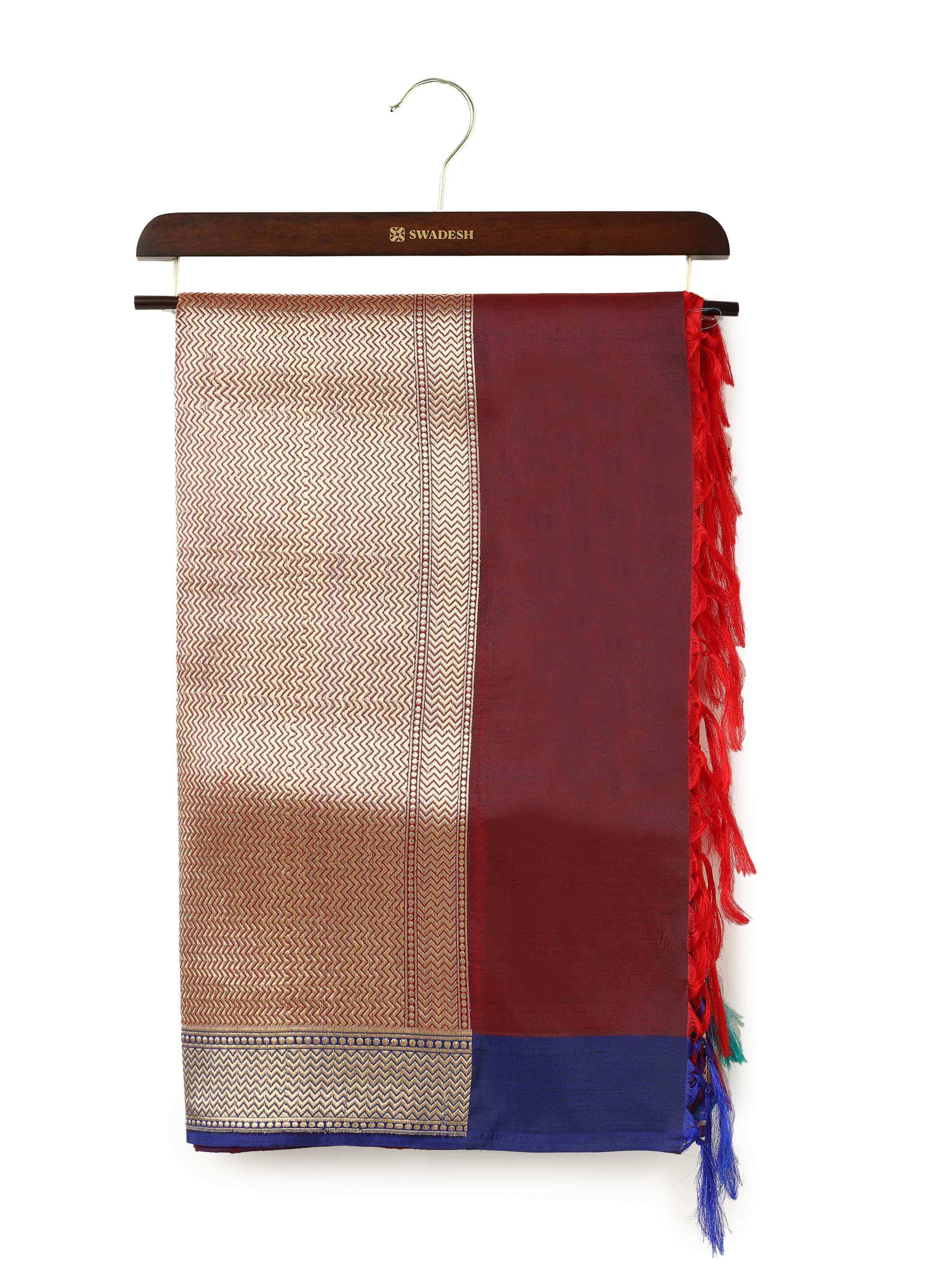 Front view of red and gold silk Banarasi dupatta with elaborate zari work