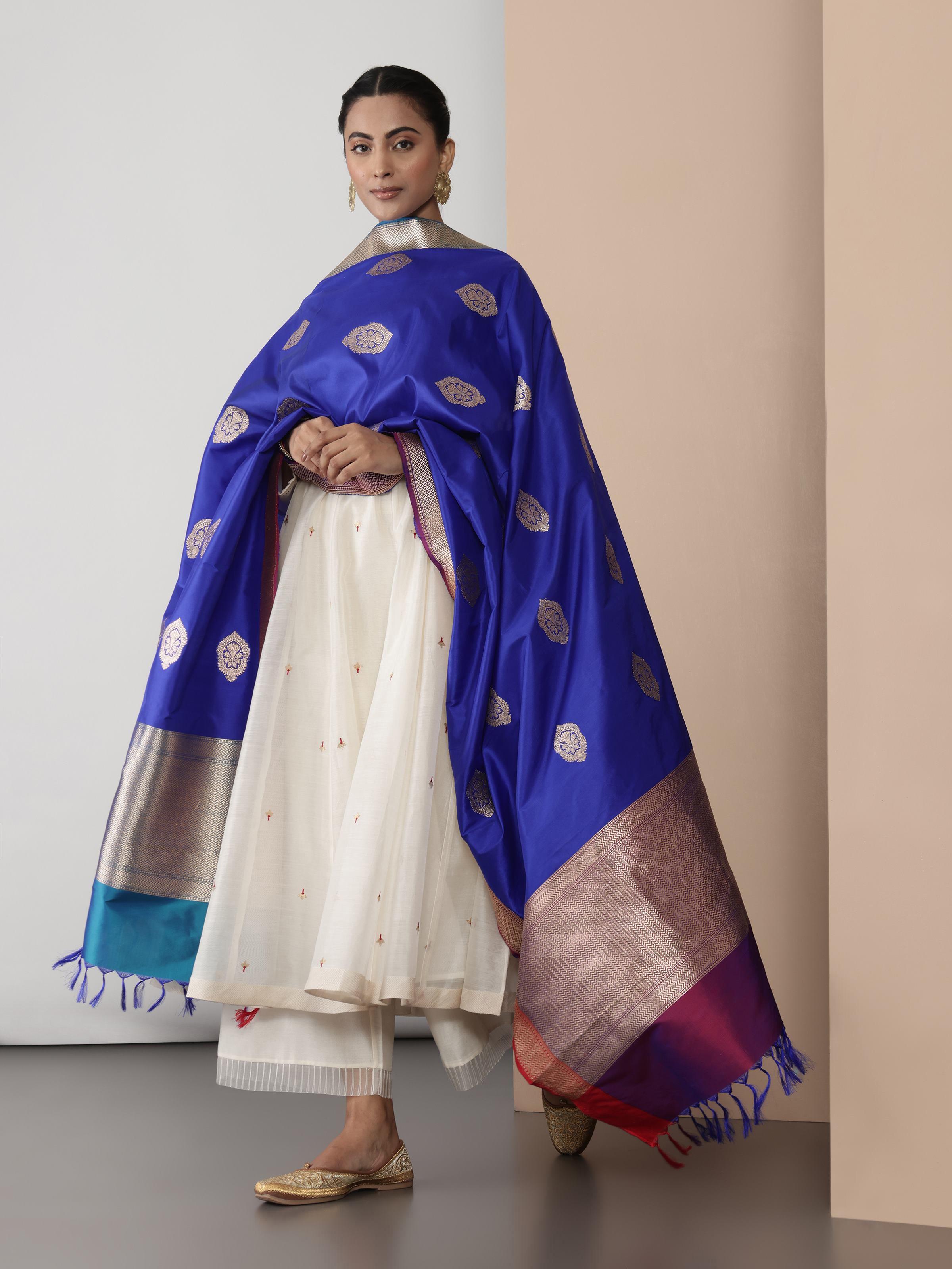 Blue & Golden Silk Banarasi Dupatta