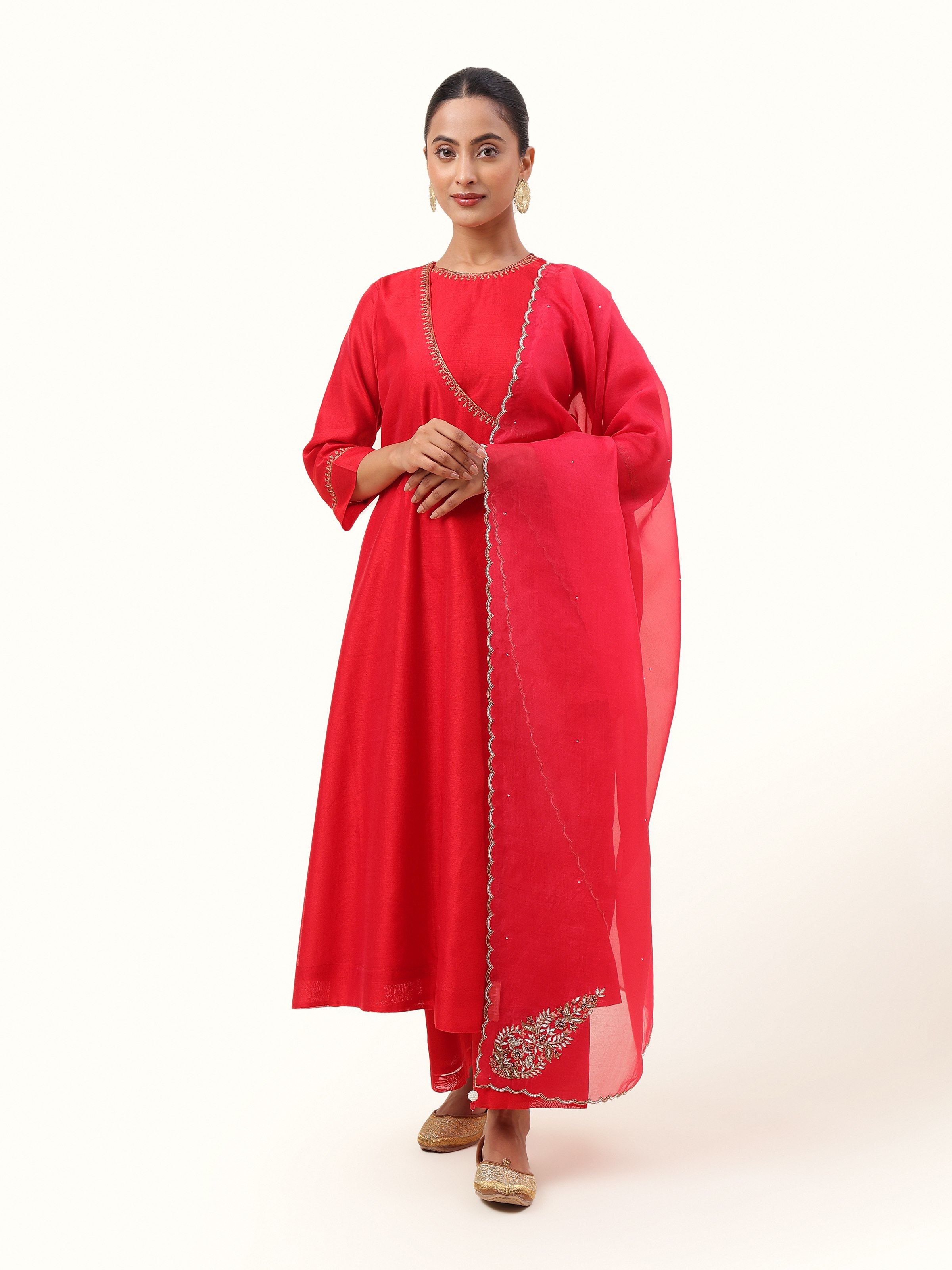 Red Silk Zardozi Embroidered Dupatta