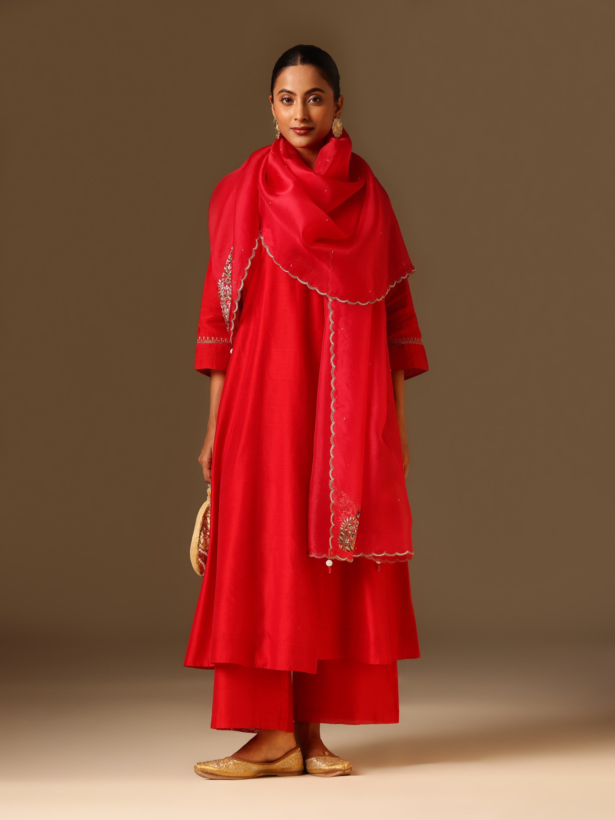 Red Silk Zardozi Embroidered Dupatta