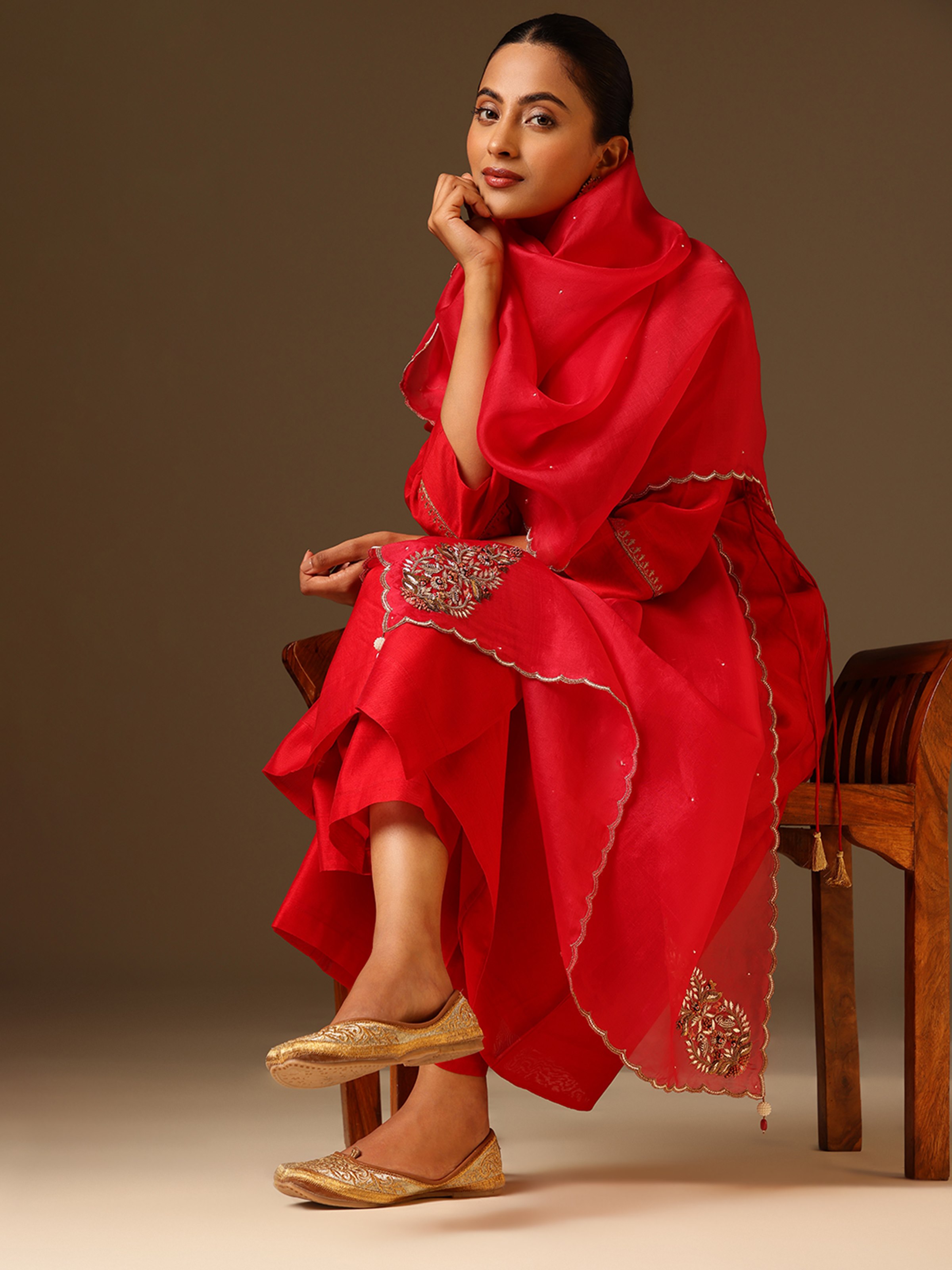 Red Silk Zardozi Embroidered Dupatta