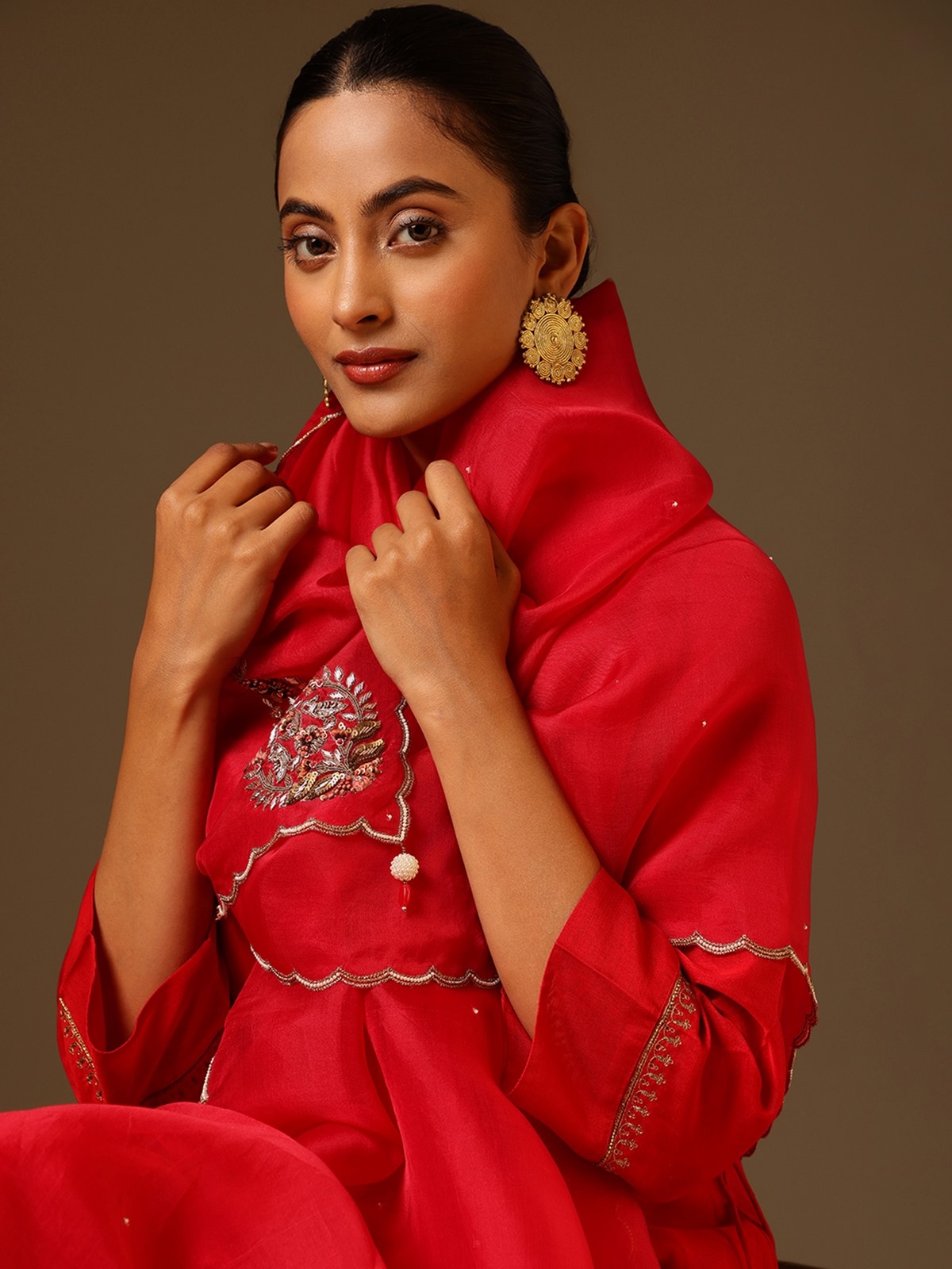 Red Silk Zardozi Embroidered Dupatta