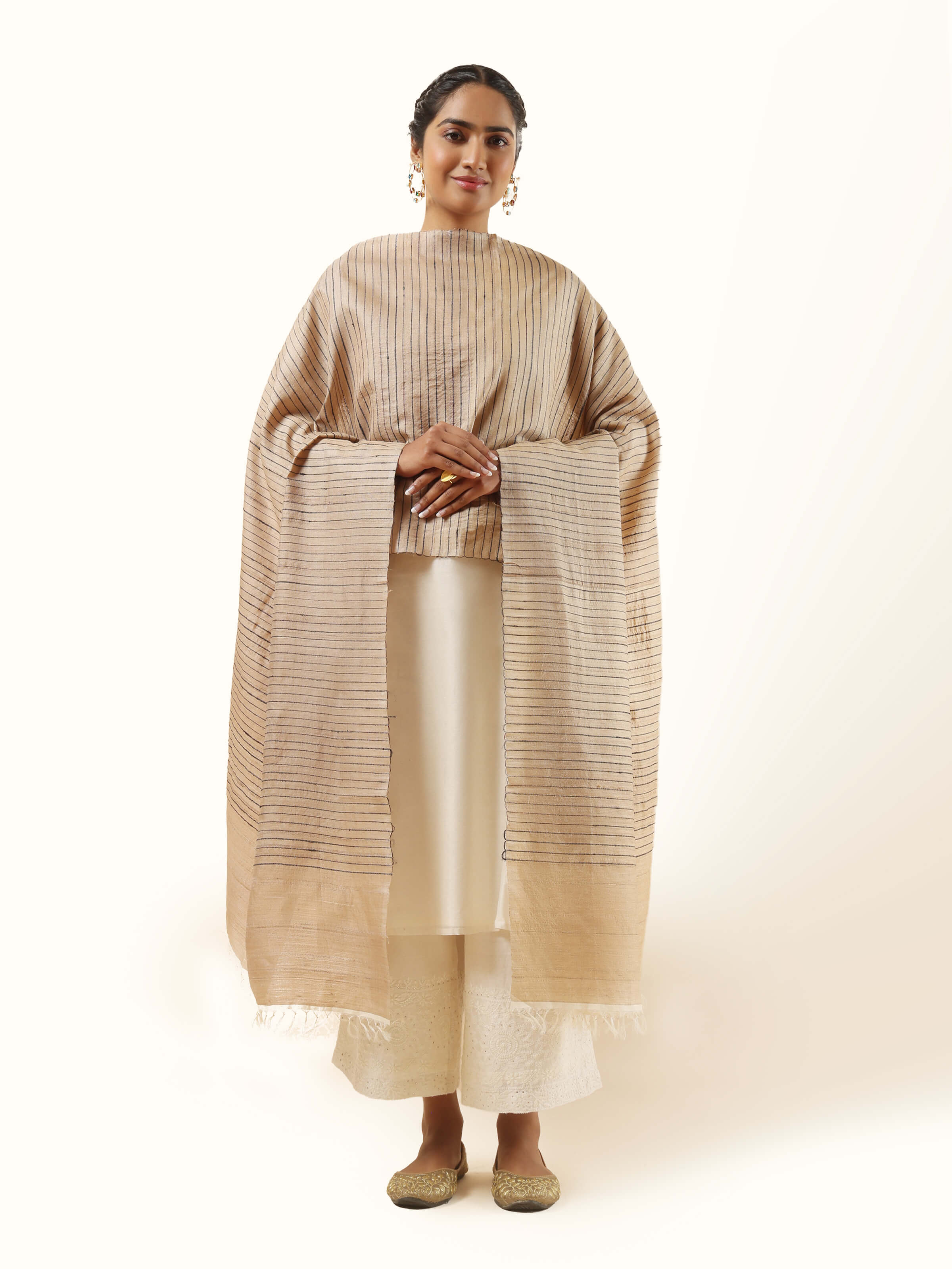 Beige With Black Stripes Tussar Silk Dupatta