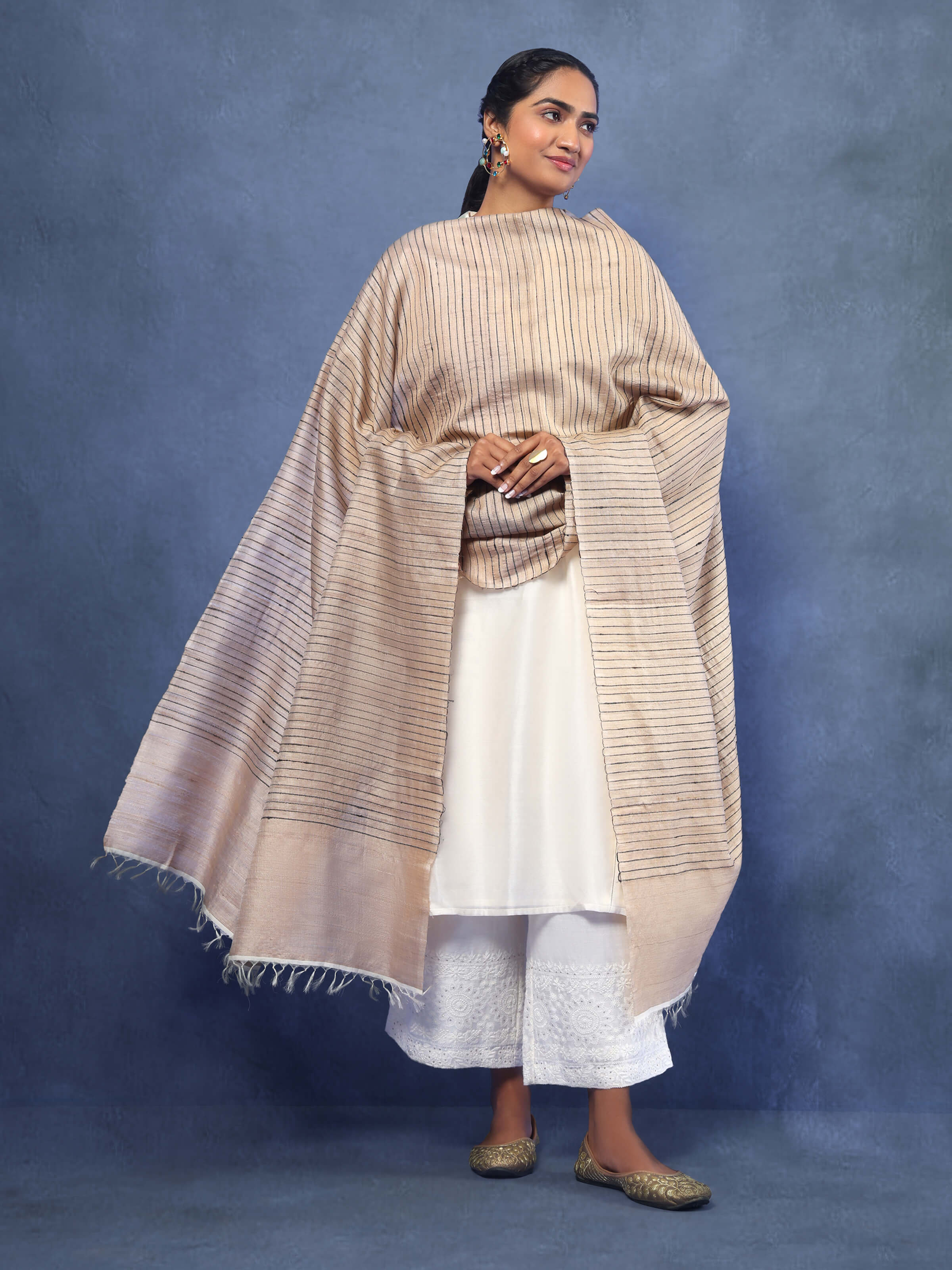 Beige With Black Stripes Tussar Silk Dupatta