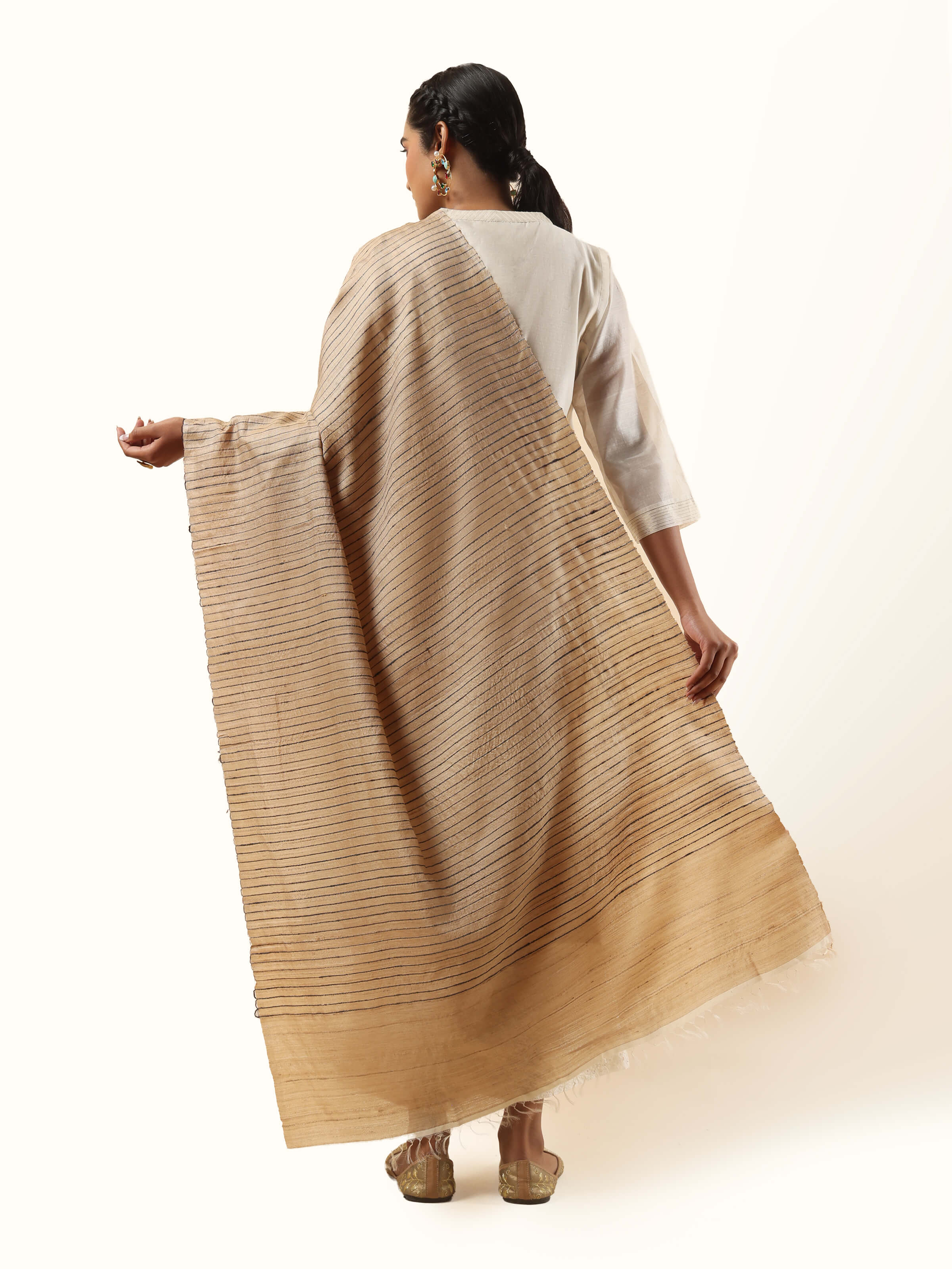 Beige With Black Stripes Tussar Silk Dupatta