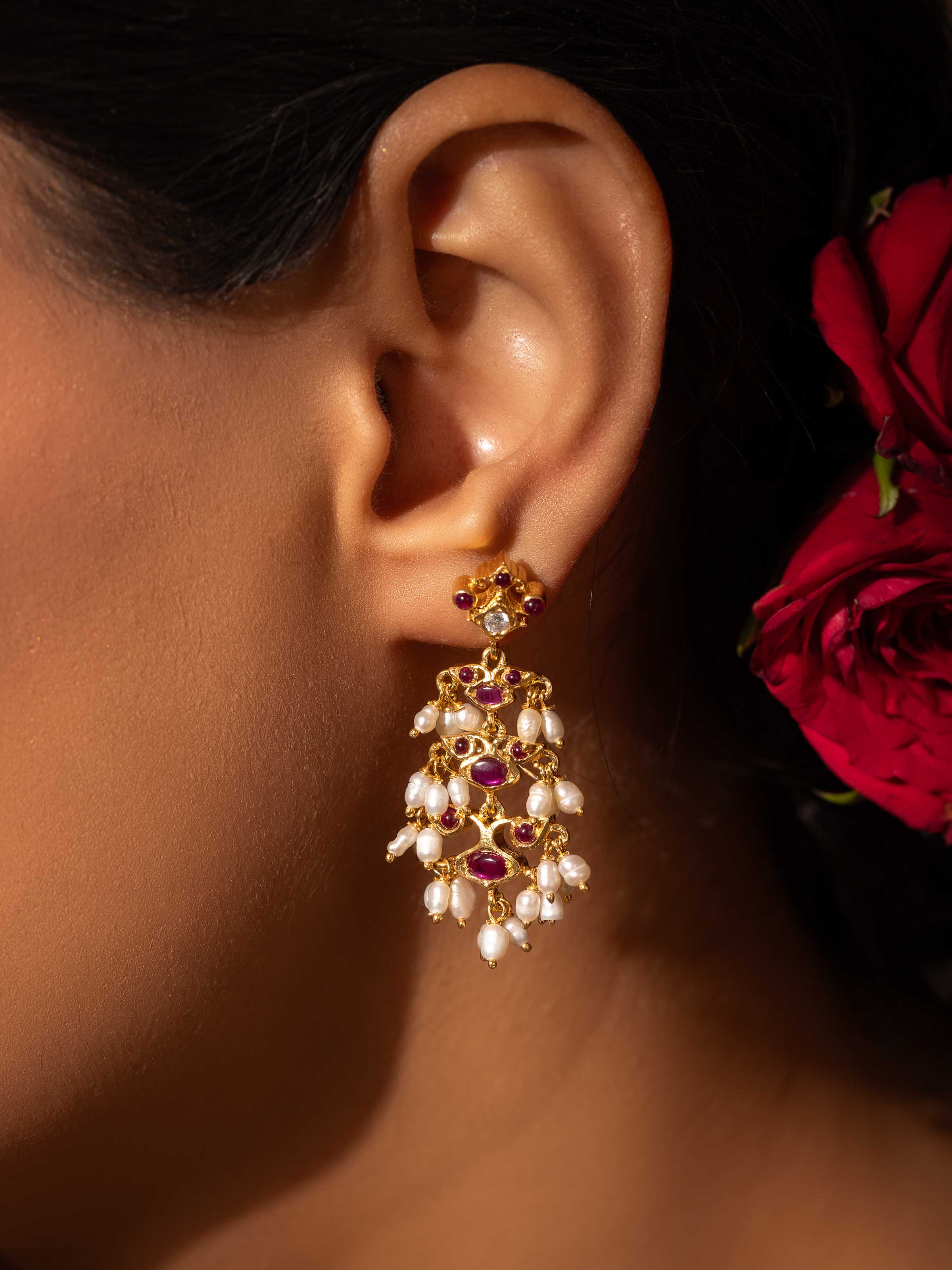 Alternate side view of Swadesh Guttapusalu Silver Drop Earrings emphasizing cascading layers and fine craftsmanship