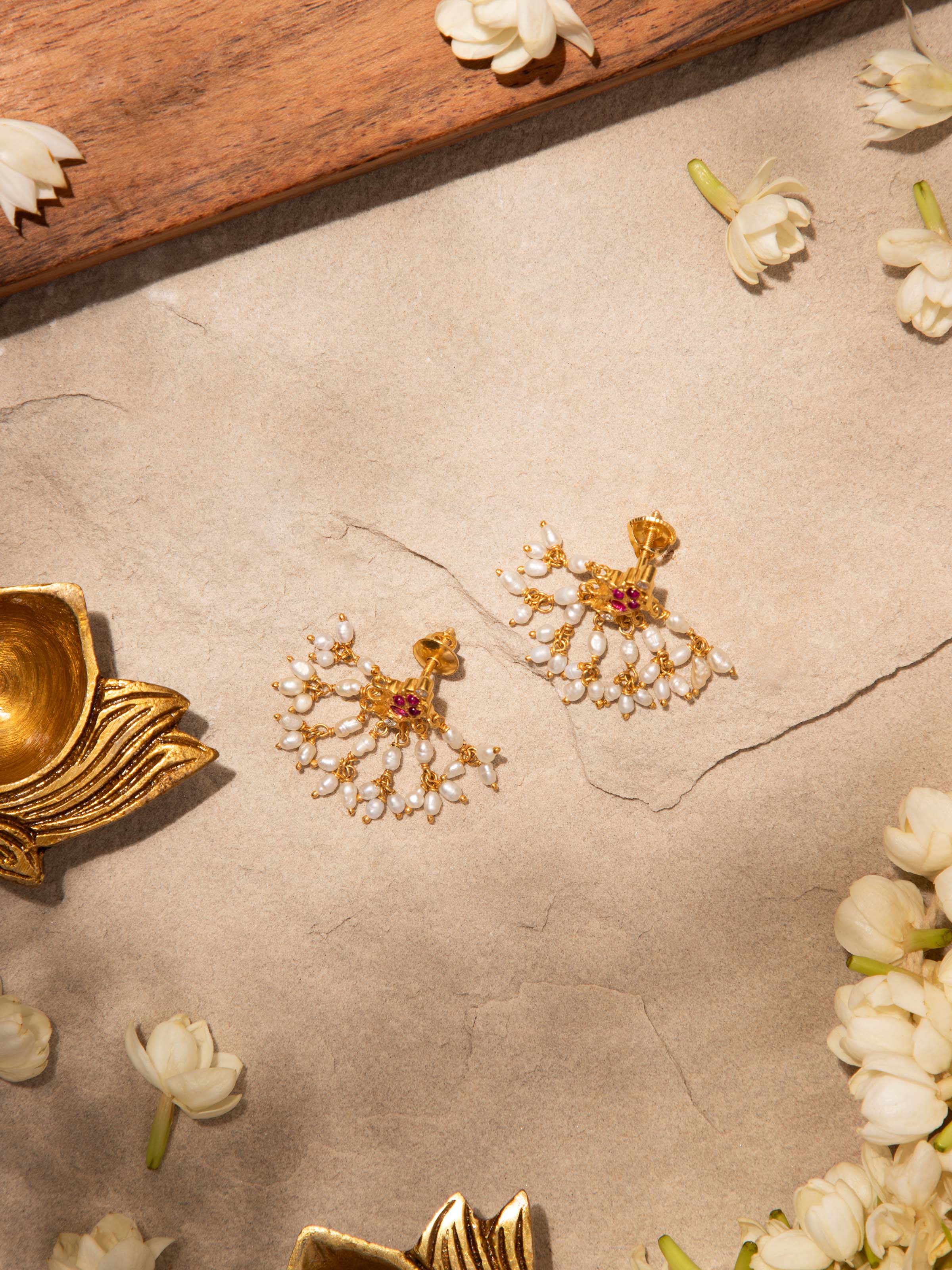 Angled view of Guttapusalu Silver Drop Earrings emphasizing the intricate drop design and silver detailing by Swadesh