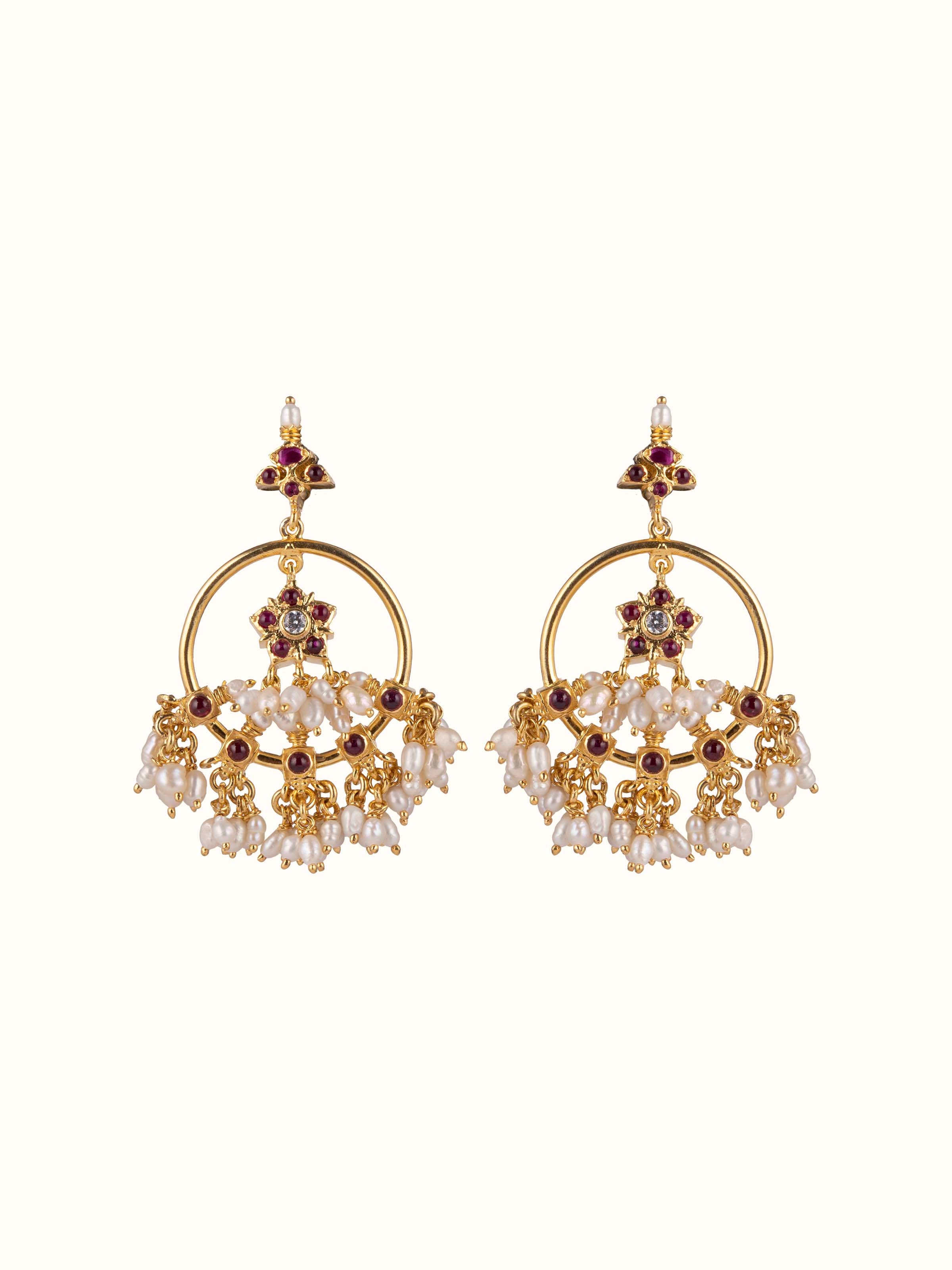 Front view of Guttapusalu silver drop earrings with cascading pearl clusters and antique finish.