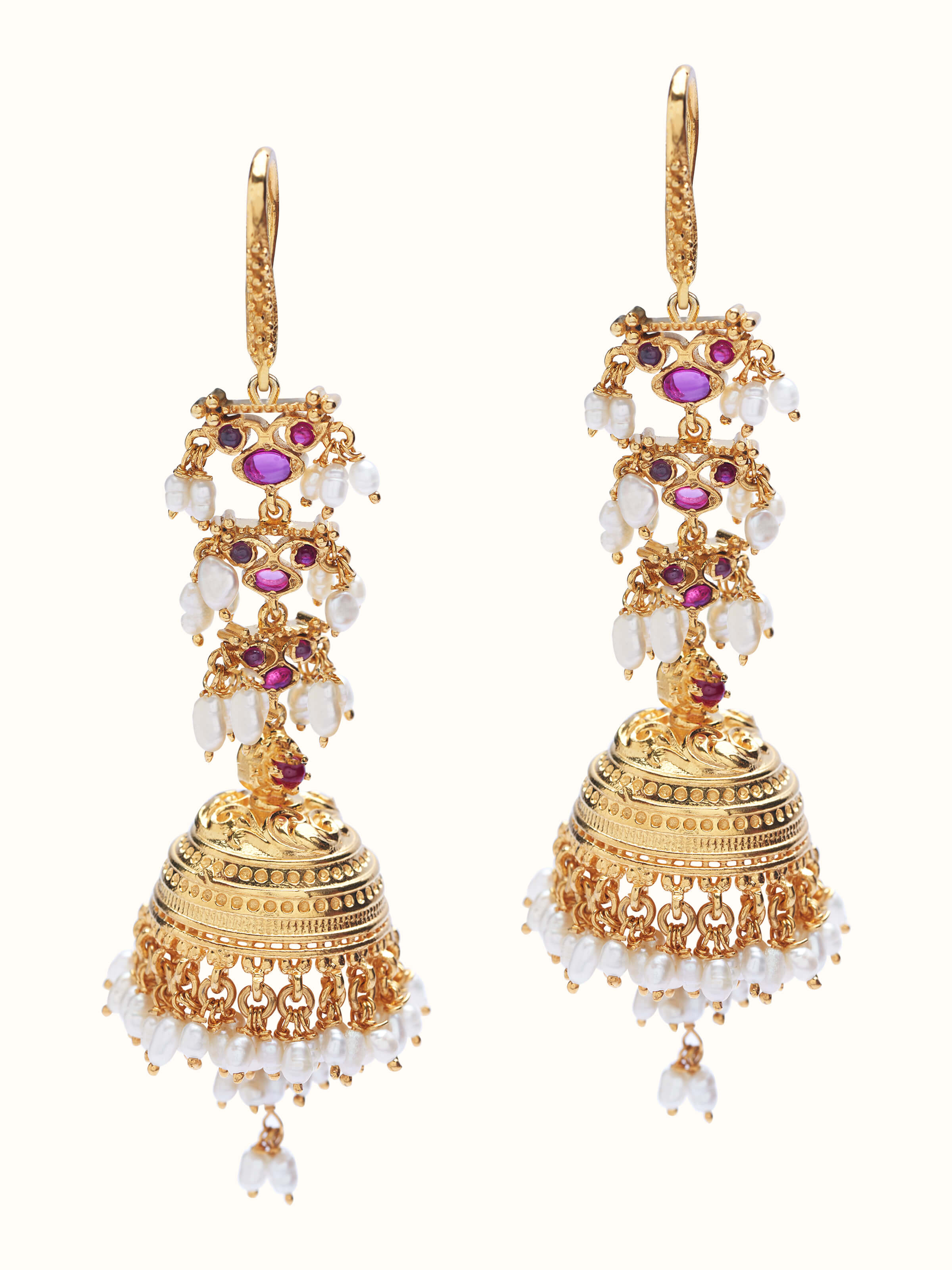 Front view showing the detailed craftsmanship of Guttapusalu silver drop earrings