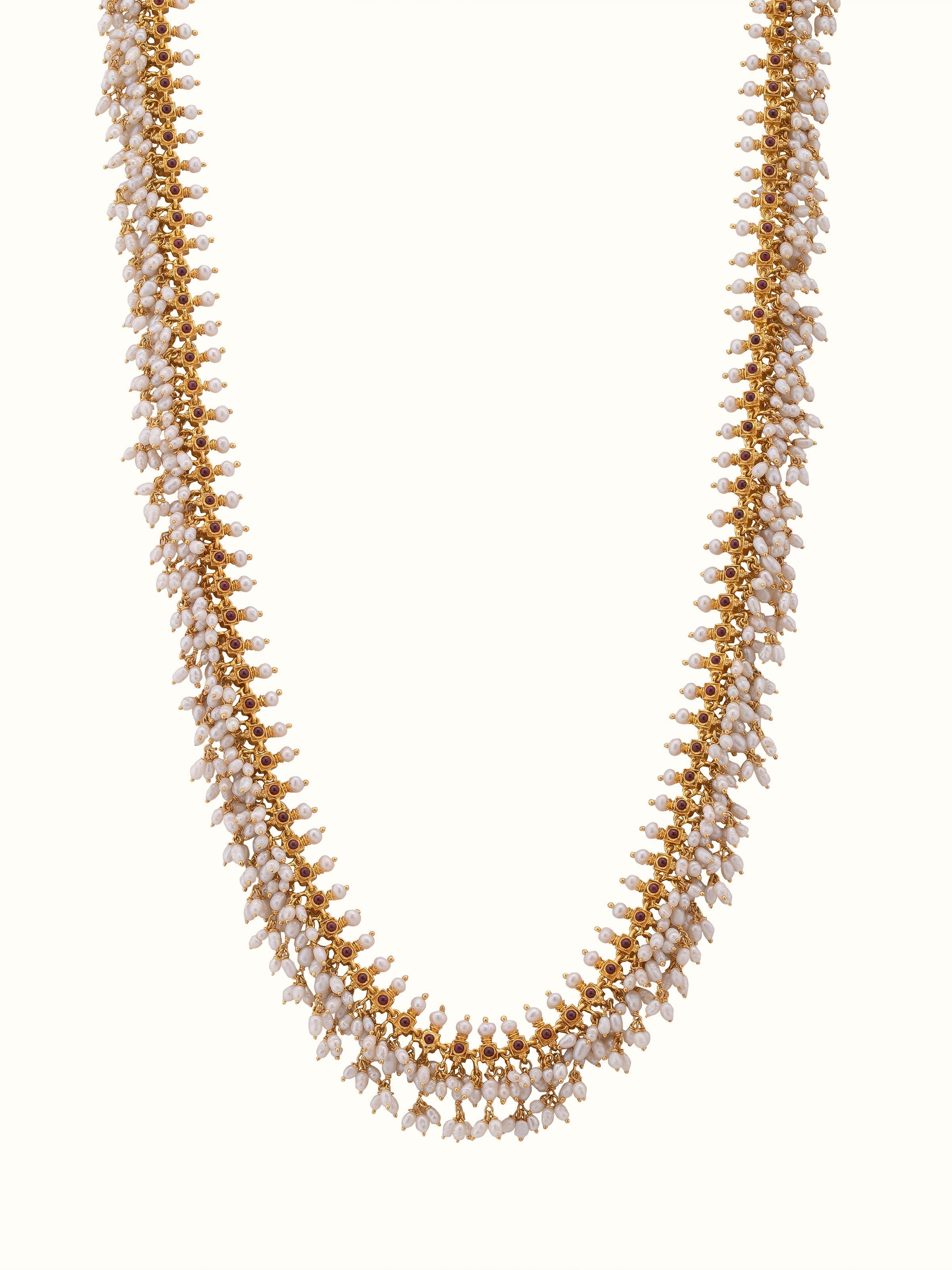Front view of Guttapusalu Silver Long Necklace with traditional design and detailed silverwork.