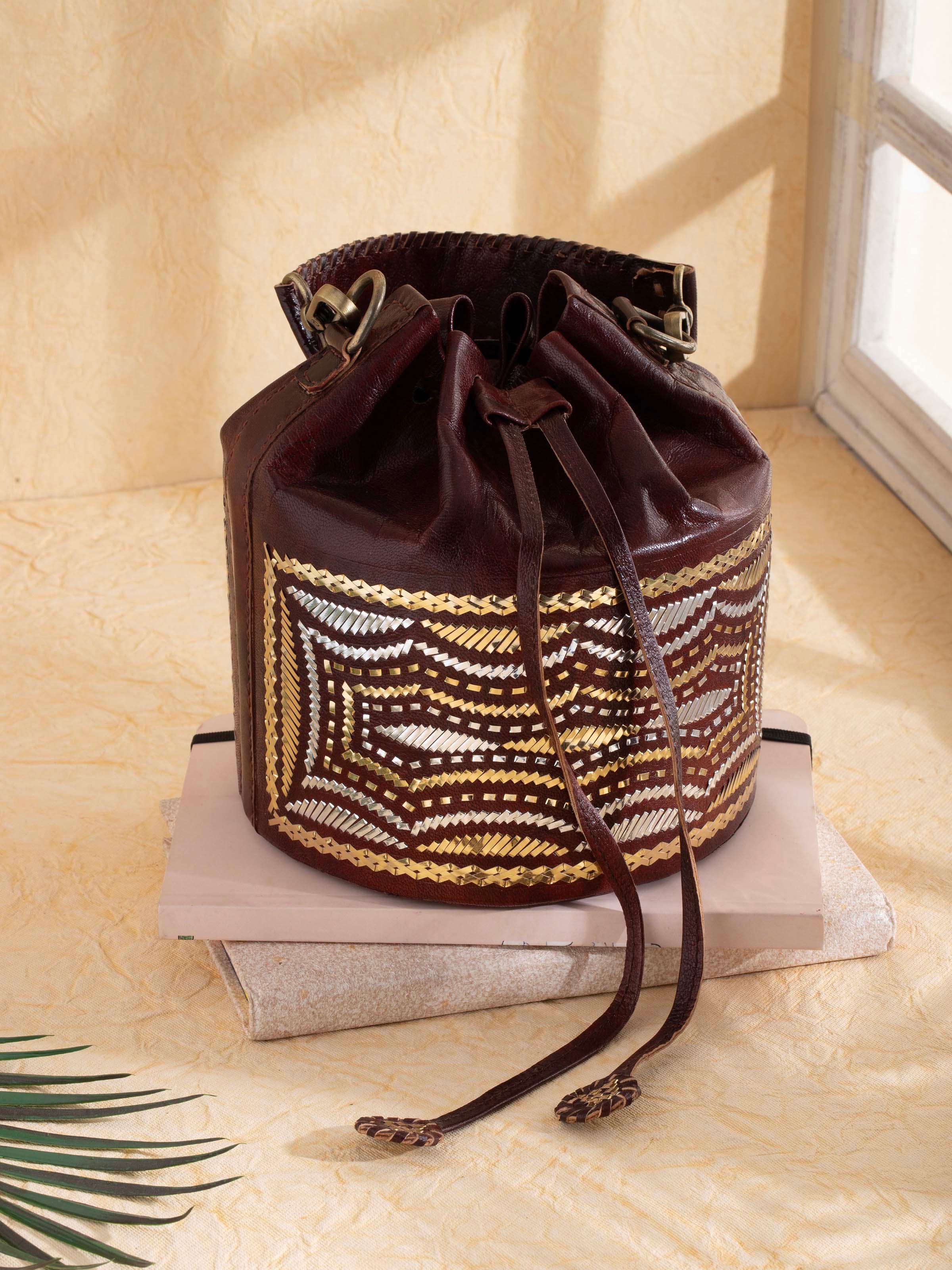 Kutchi Leather Embroidered Bucket Bag
