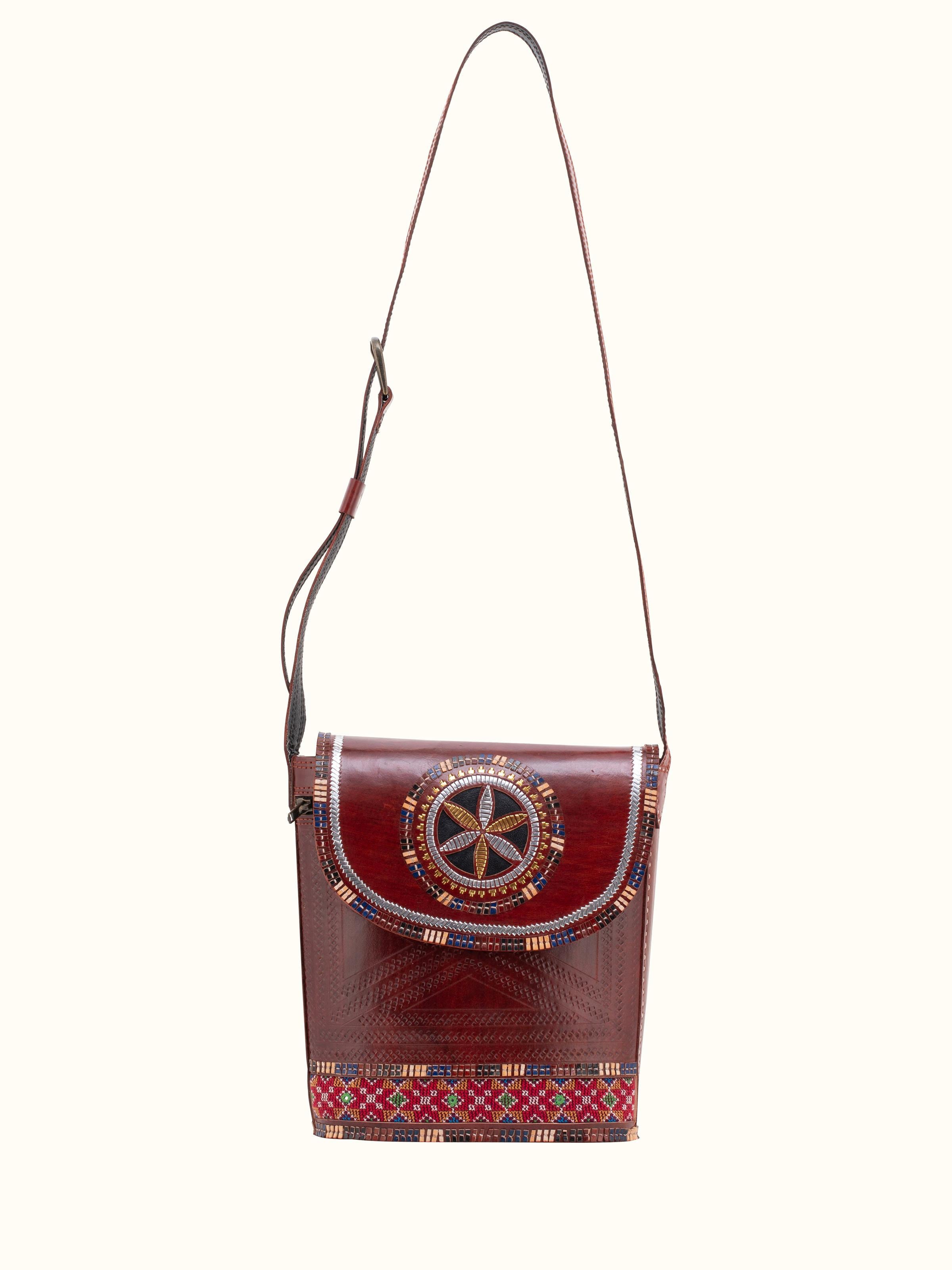 Front view of Kutchi Leather Embroidered Sling Bag featuring detailed embroidery and design.