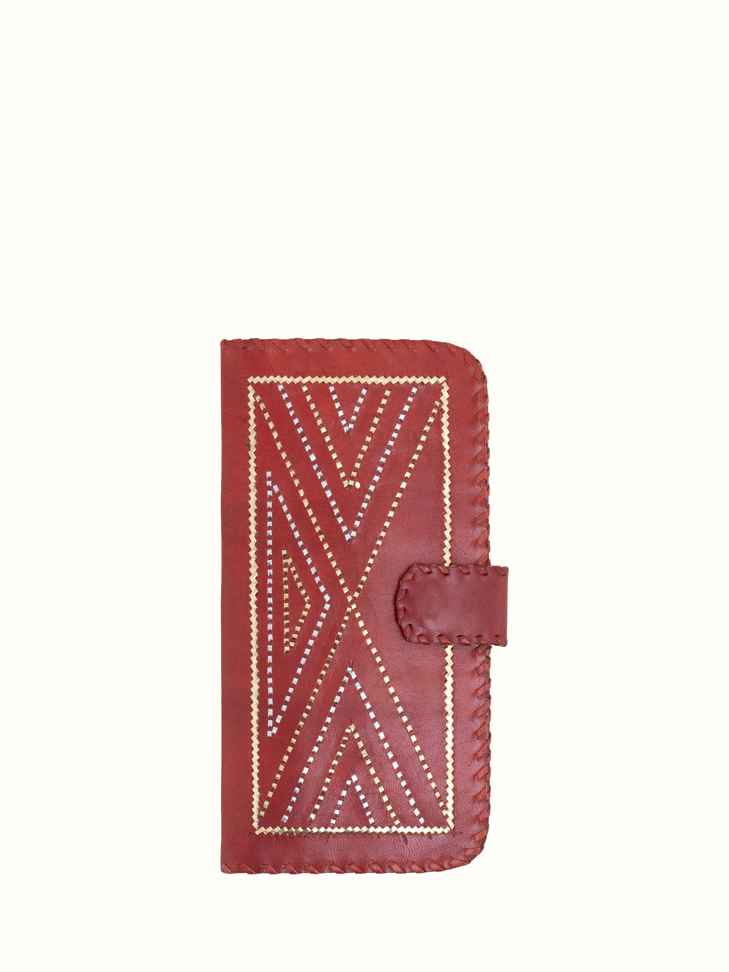 Front view of Kutchi Leather Clutch with Embroidery showcasing the detailed craftsmanship and design.