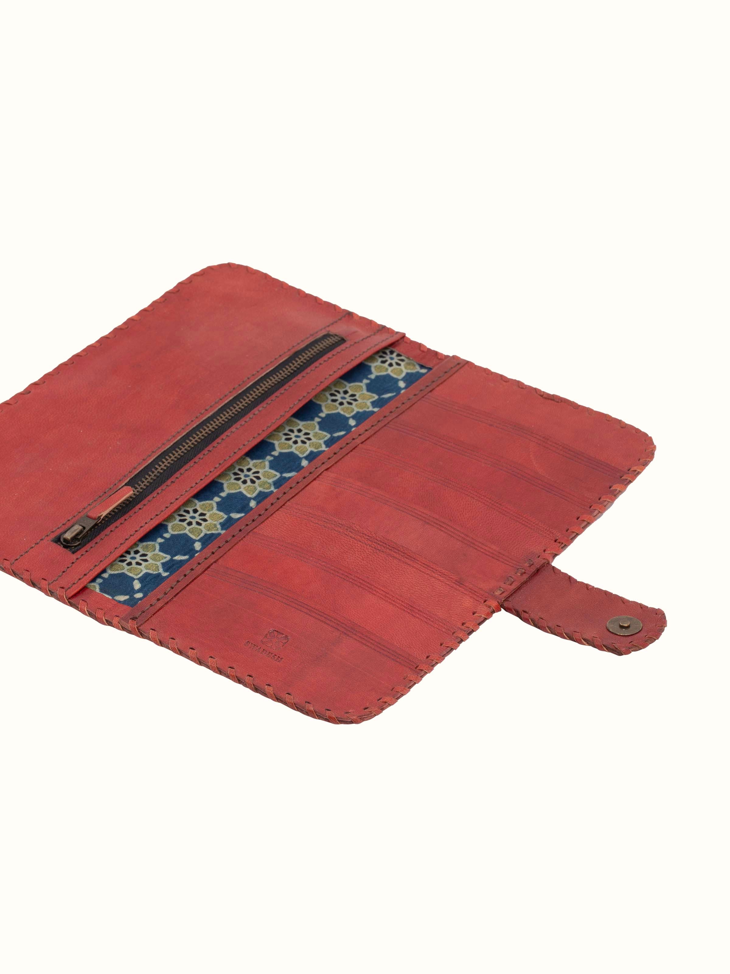 Back view of Kutchi Leather Clutch with Embroidery displaying its closure and back design.