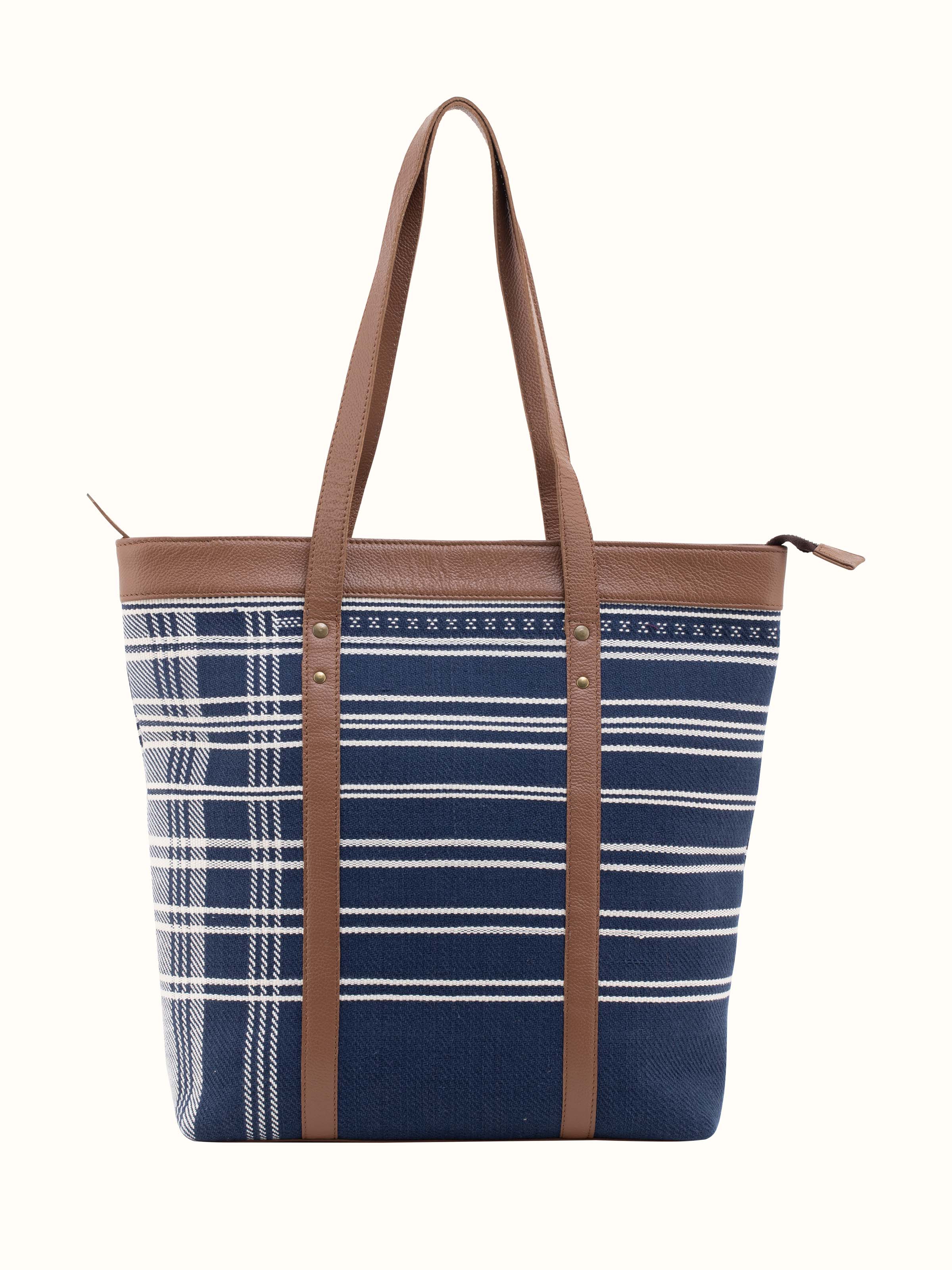 Front view of Leather & Textile Extra-Weft Tote Bag showcasing its dual material design.