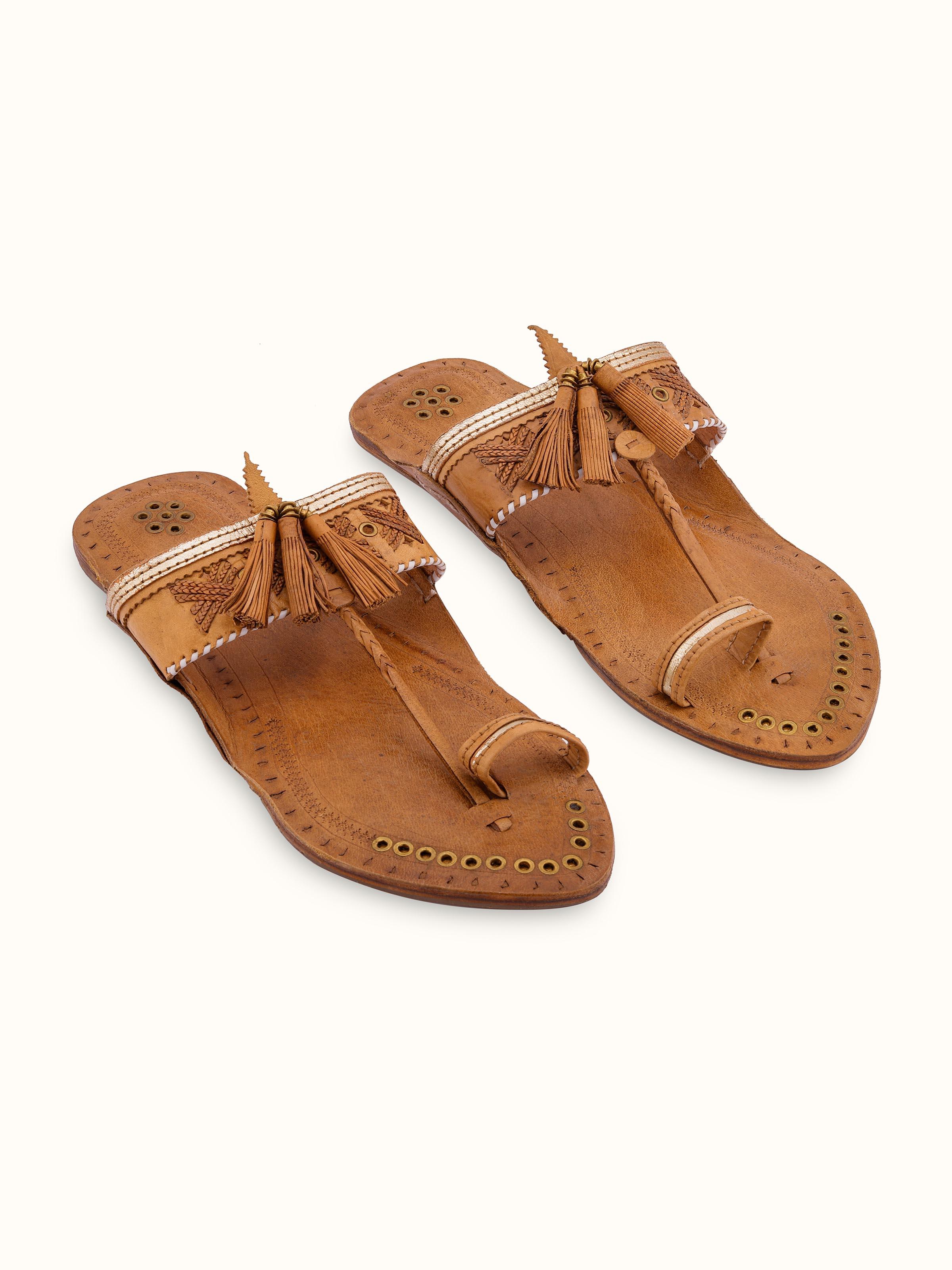 Front view of Beige Leather Kolhapuri Flat Chappals featuring traditional design and detailing.