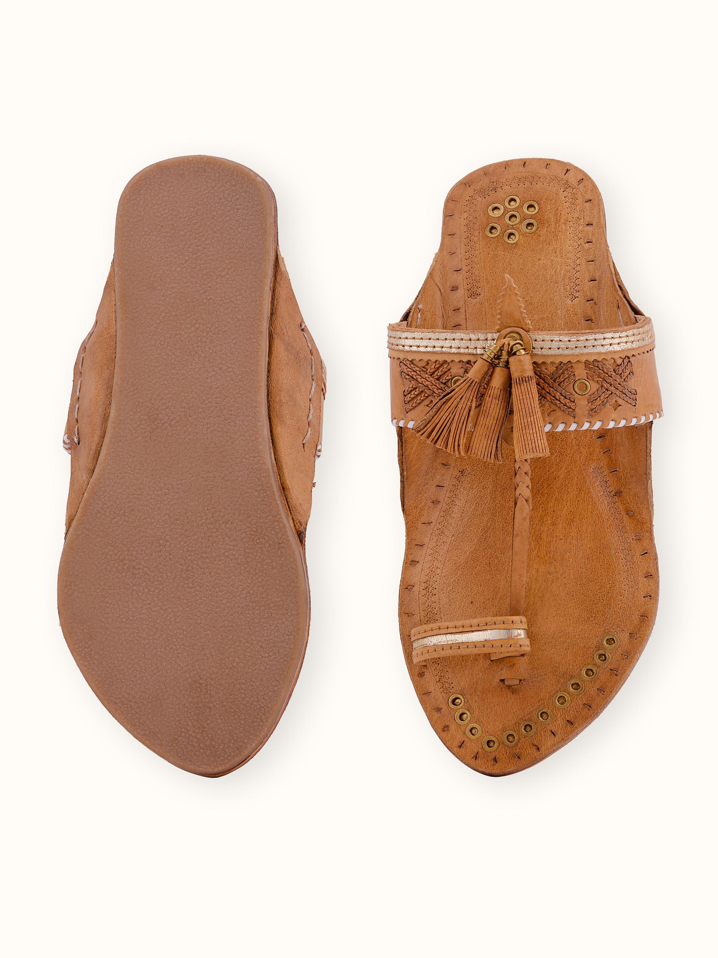 Top view of Beige Leather Kolhapuri Flat Chappals revealing the strap placement and sole.