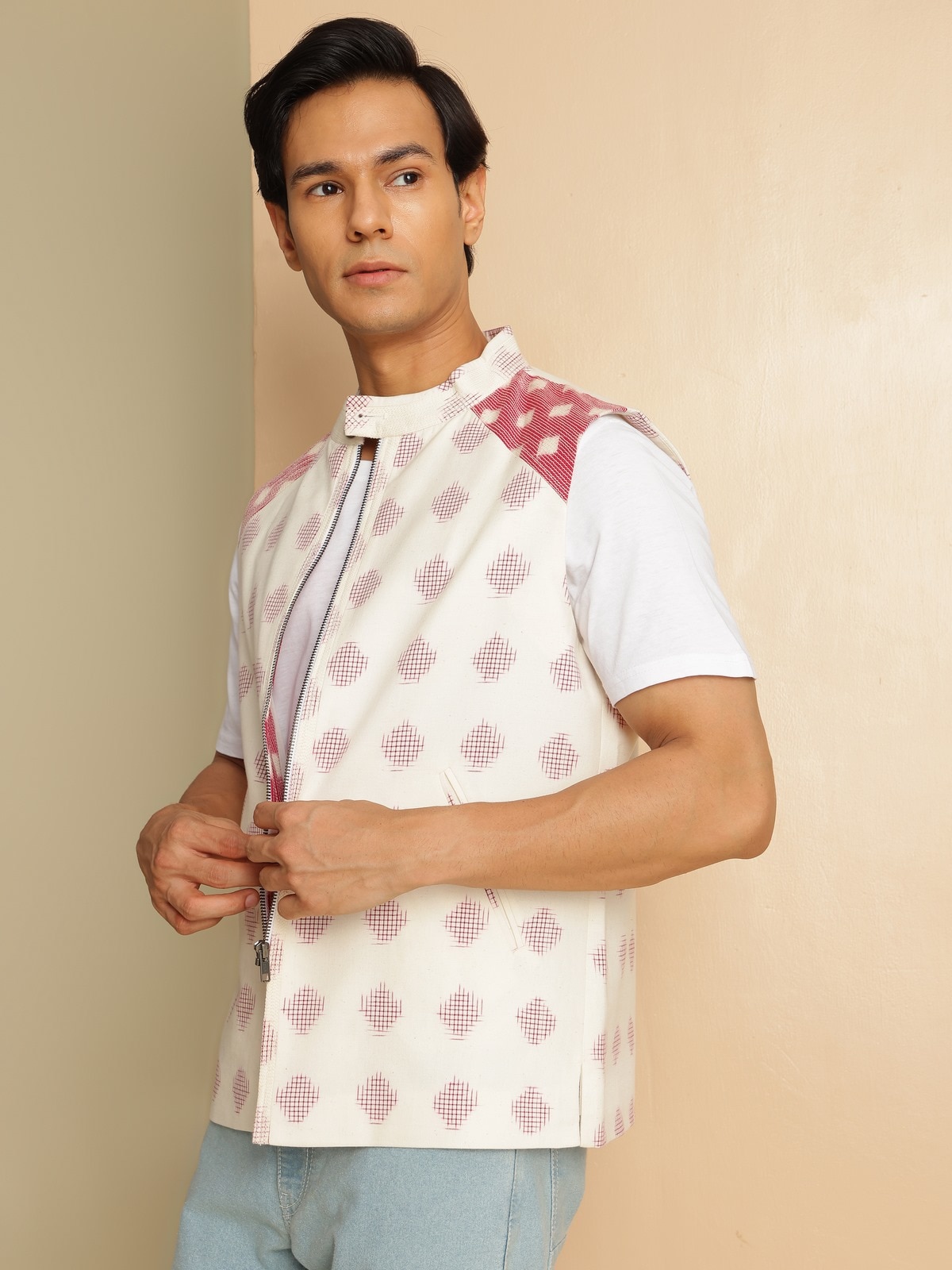 Alternate lifestyle view of white Ikat jacket showcasing bold Ikat patterns and style