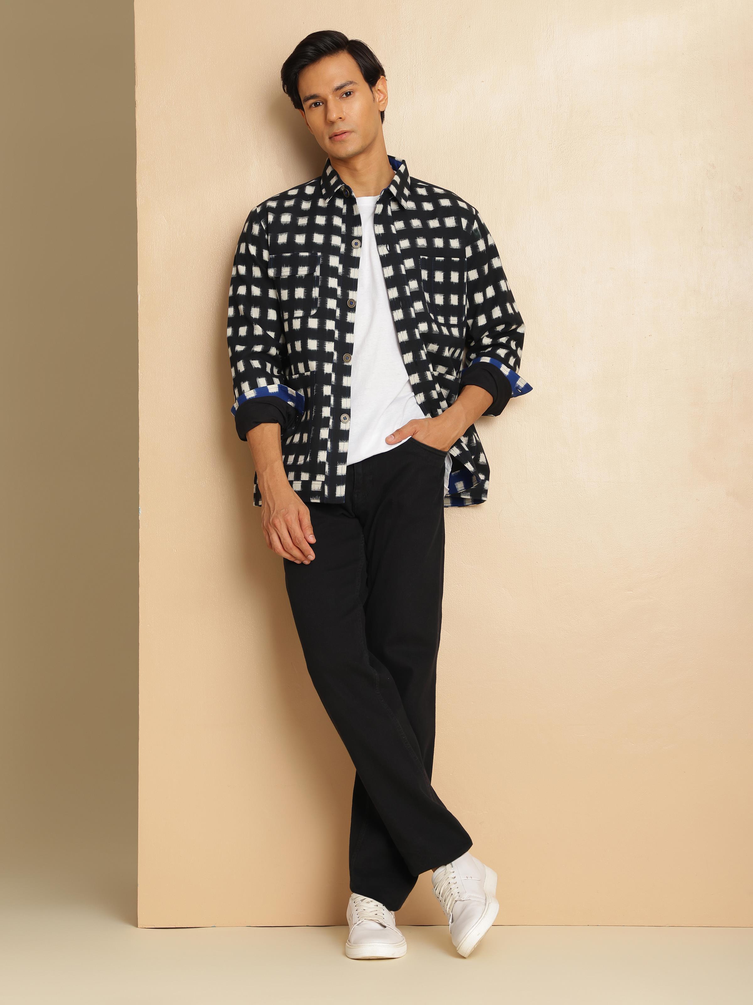 Lifestyle image showing jacket fit, collar style, and Ikat print detailing.
