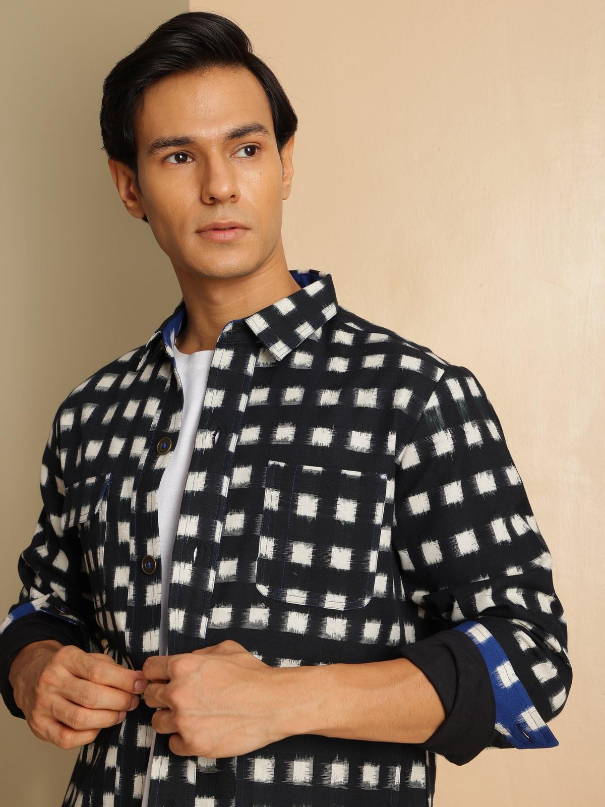 Alternate view showcasing relaxed fit and traditional textile motifs.
