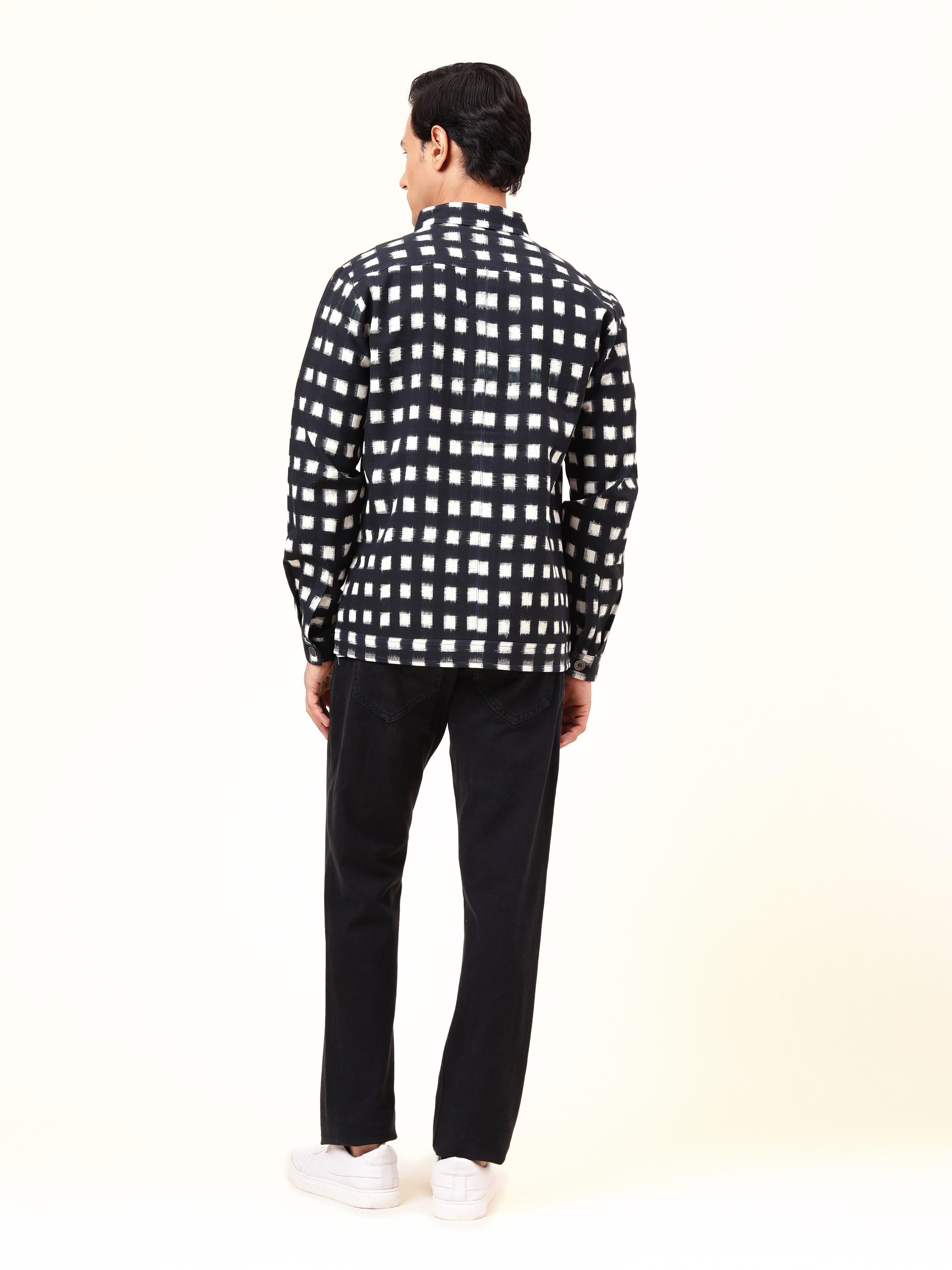 Back view showing full Ikat pattern across the jacket.