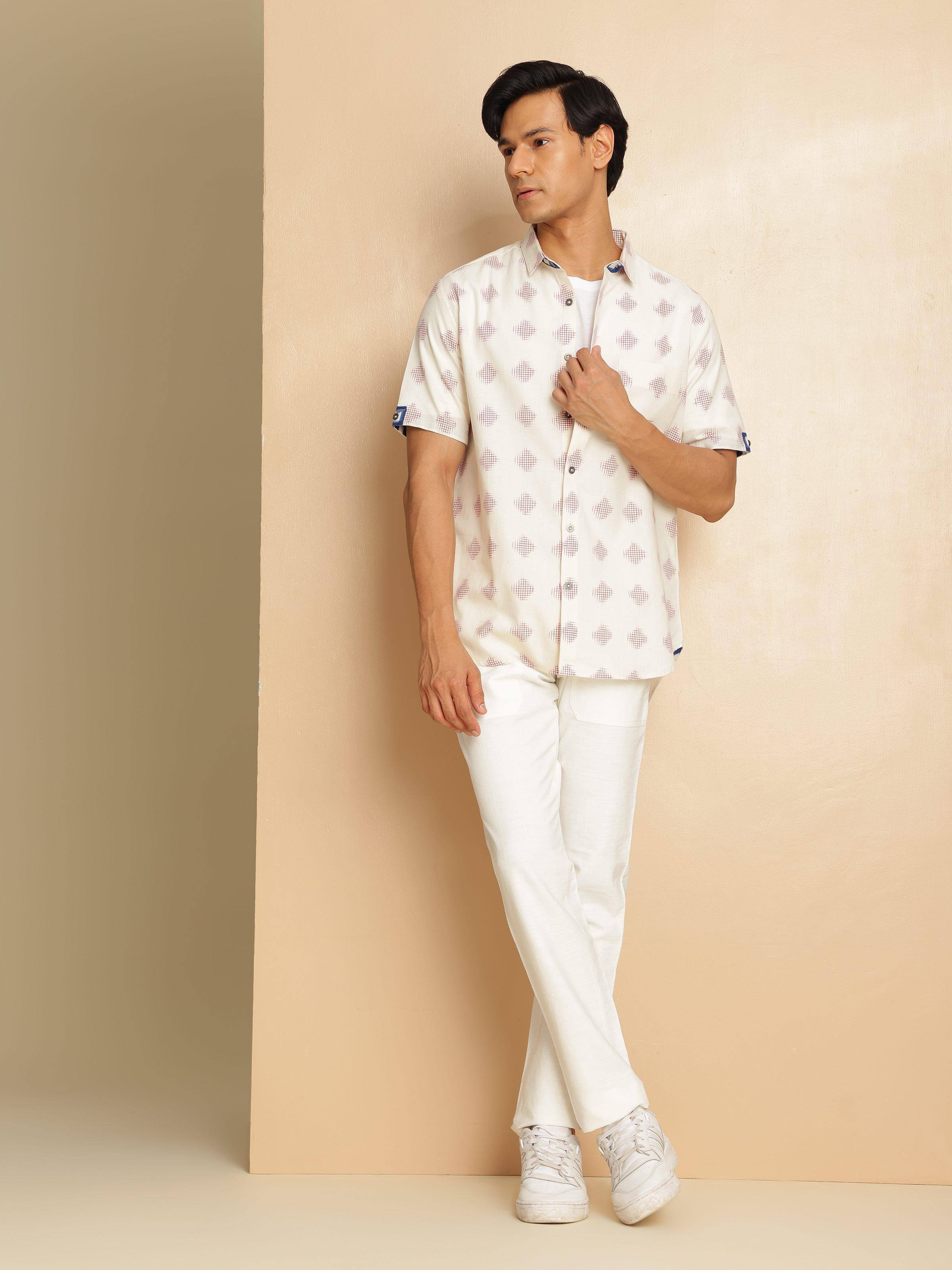 Lifestyle view of Telangana Ikat shirt styled casually with light trousers