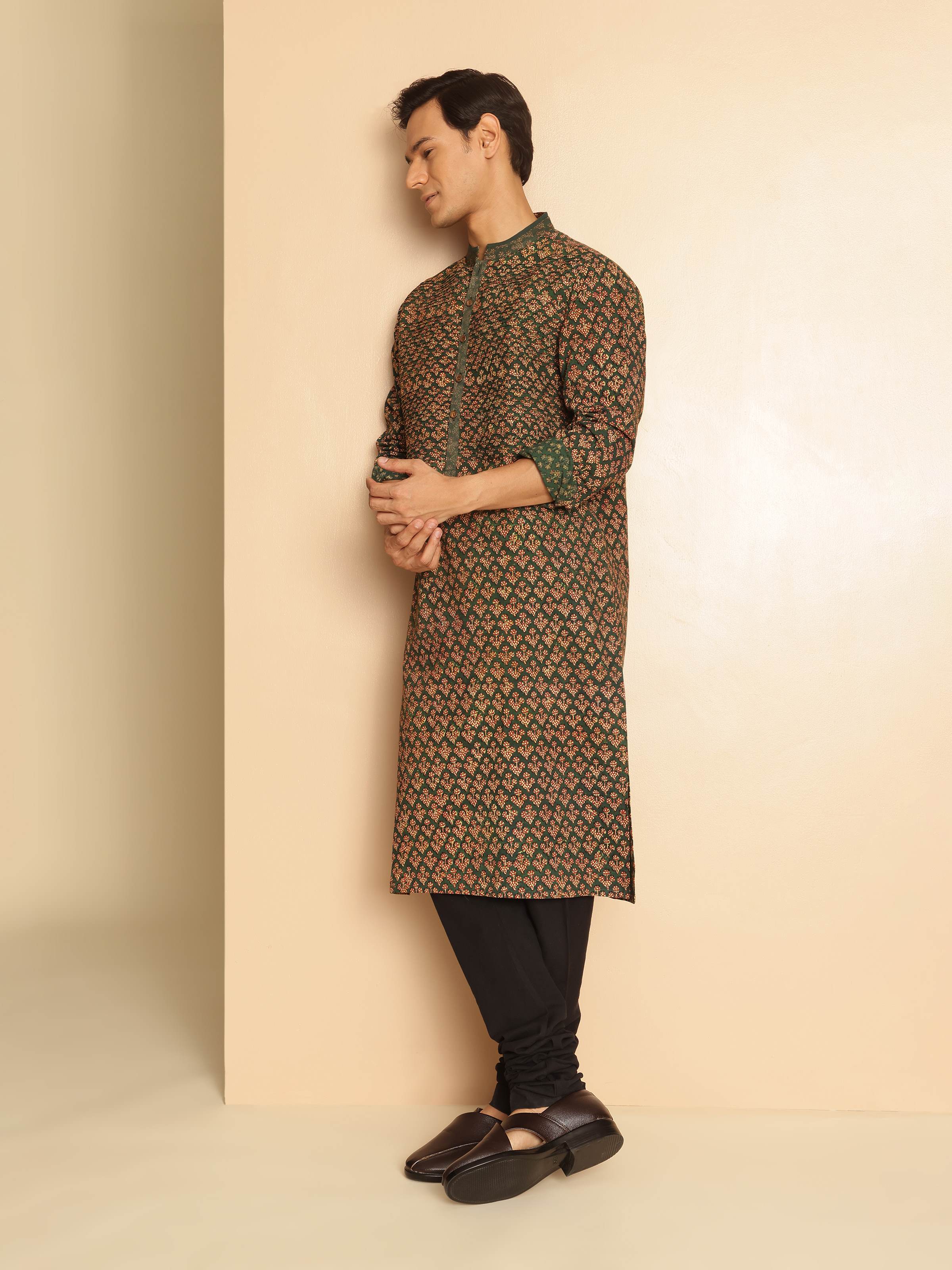 Lifestyle shot capturing the effortless elegance and cultural craftsmanship in this beautifully hand-printed kurta.