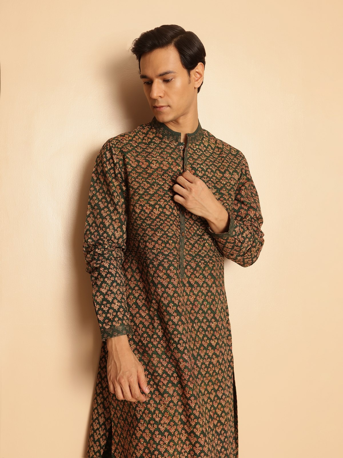 Close-up view highlighting the intricate Phad block patterns and the comfortable cotton texture.