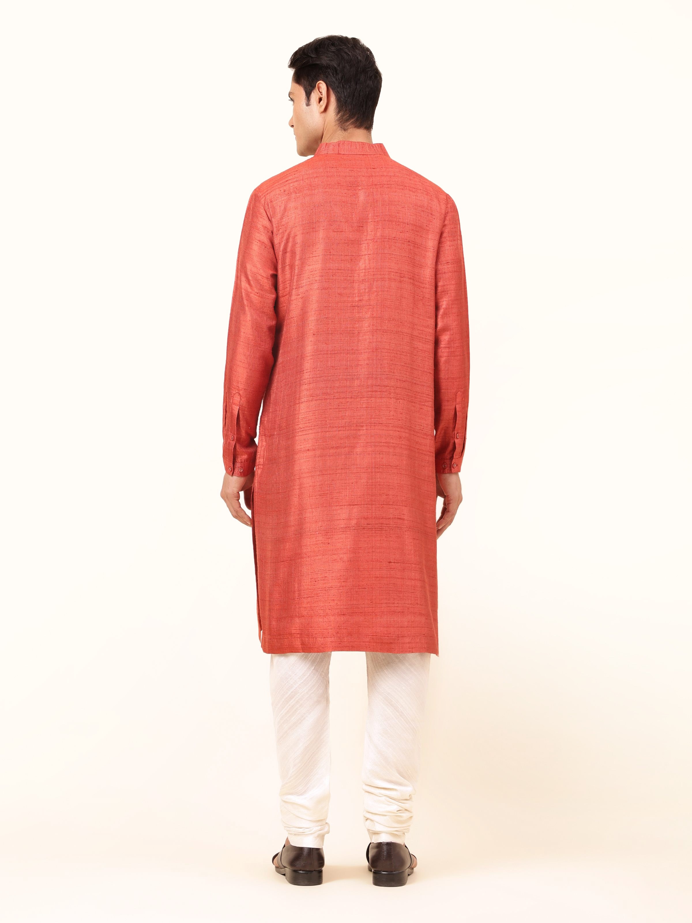 Back view emphasizing the refined cut and attention to detail of this kurta.
