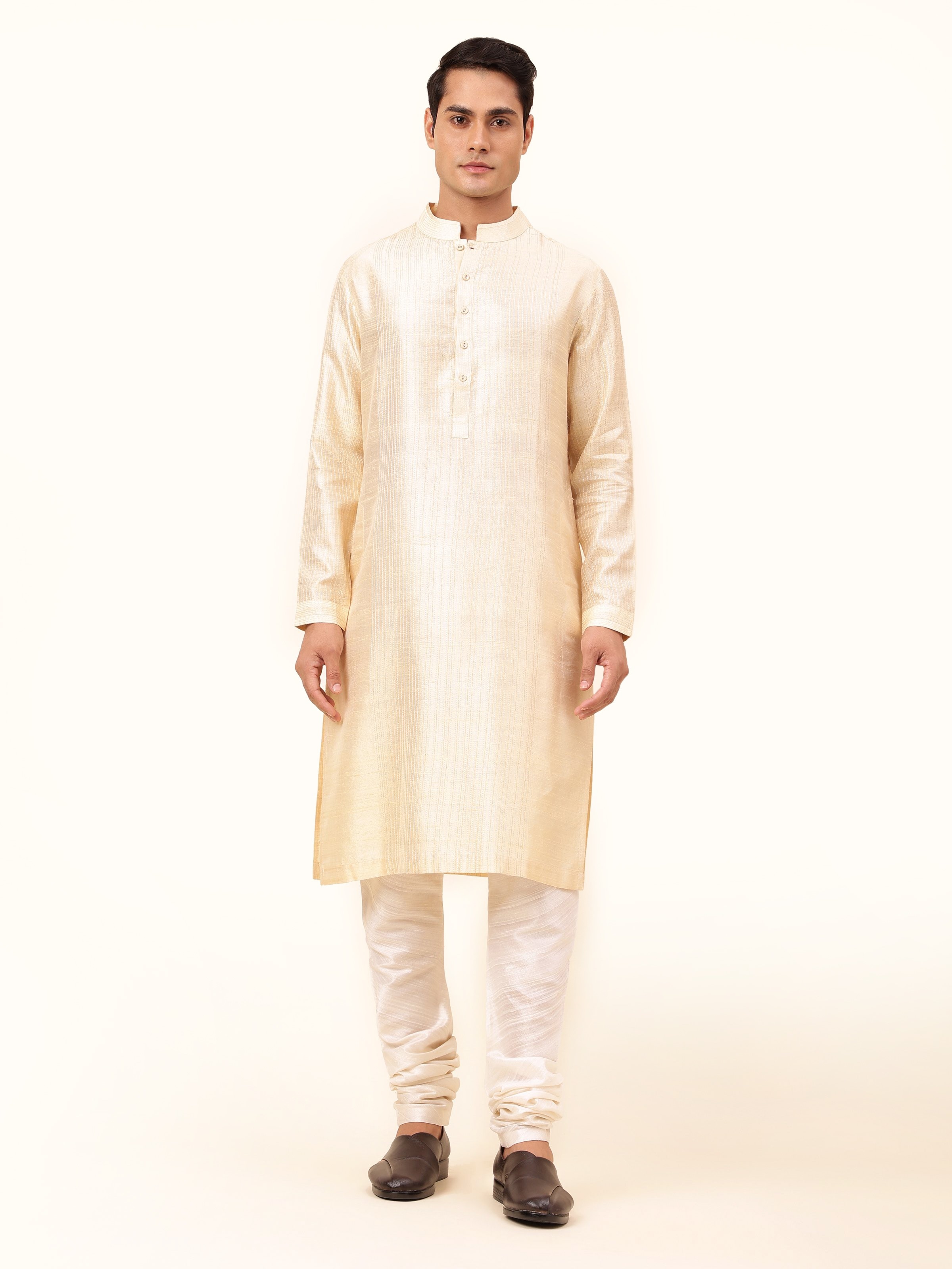 Front view featuring the understated elegance of the beige silk kurta.