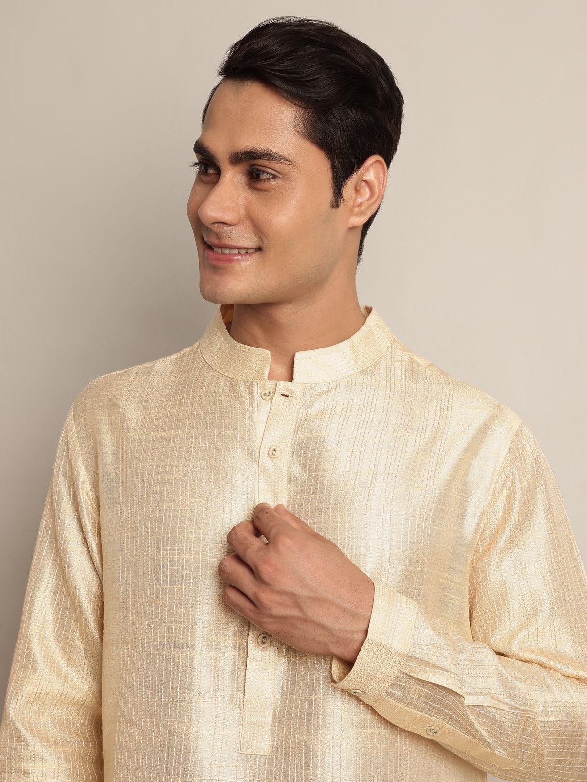 Side view to reveal the smooth drape and timeless style.