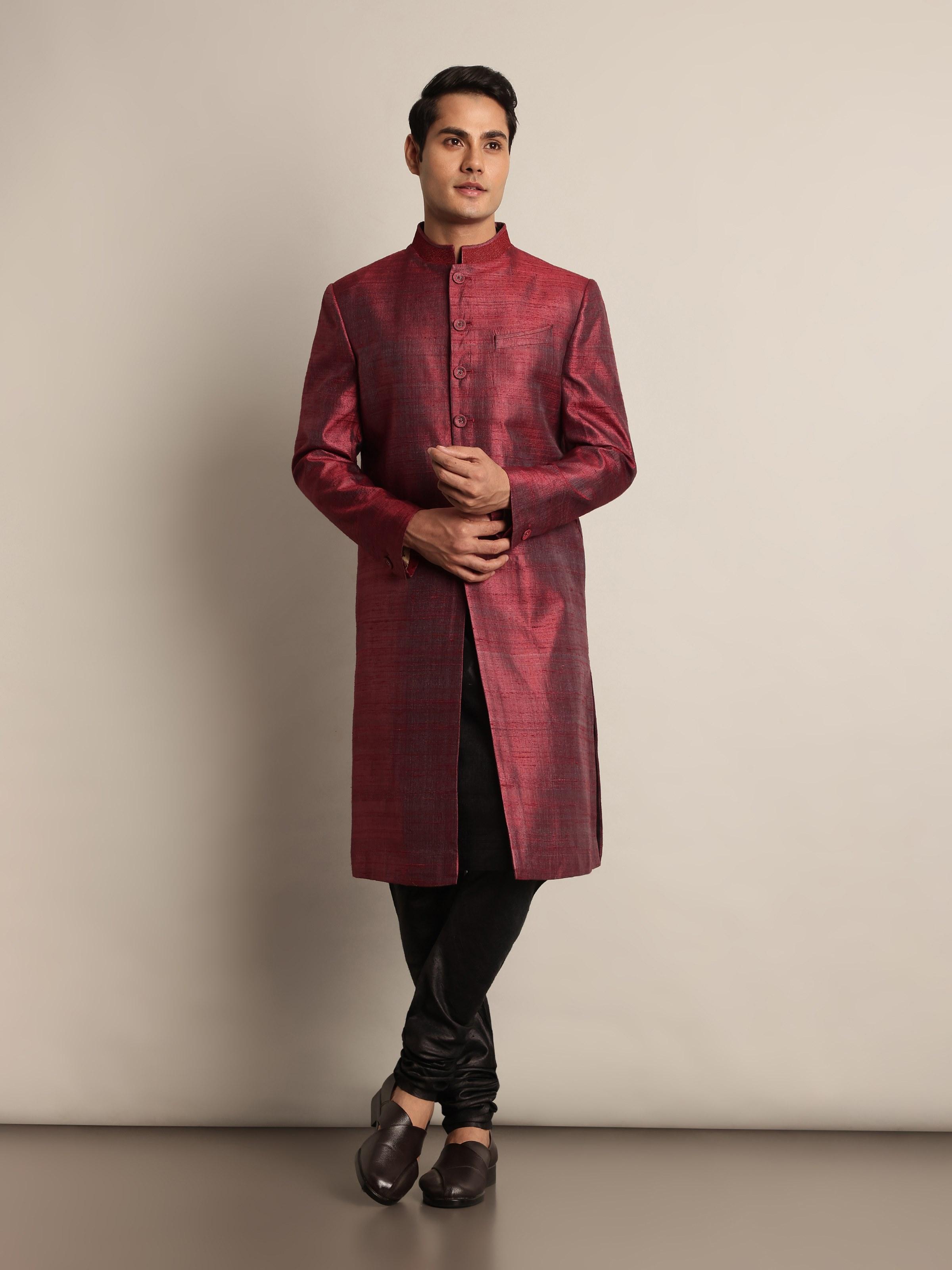 Maroon Mulberry Silk Sherwani