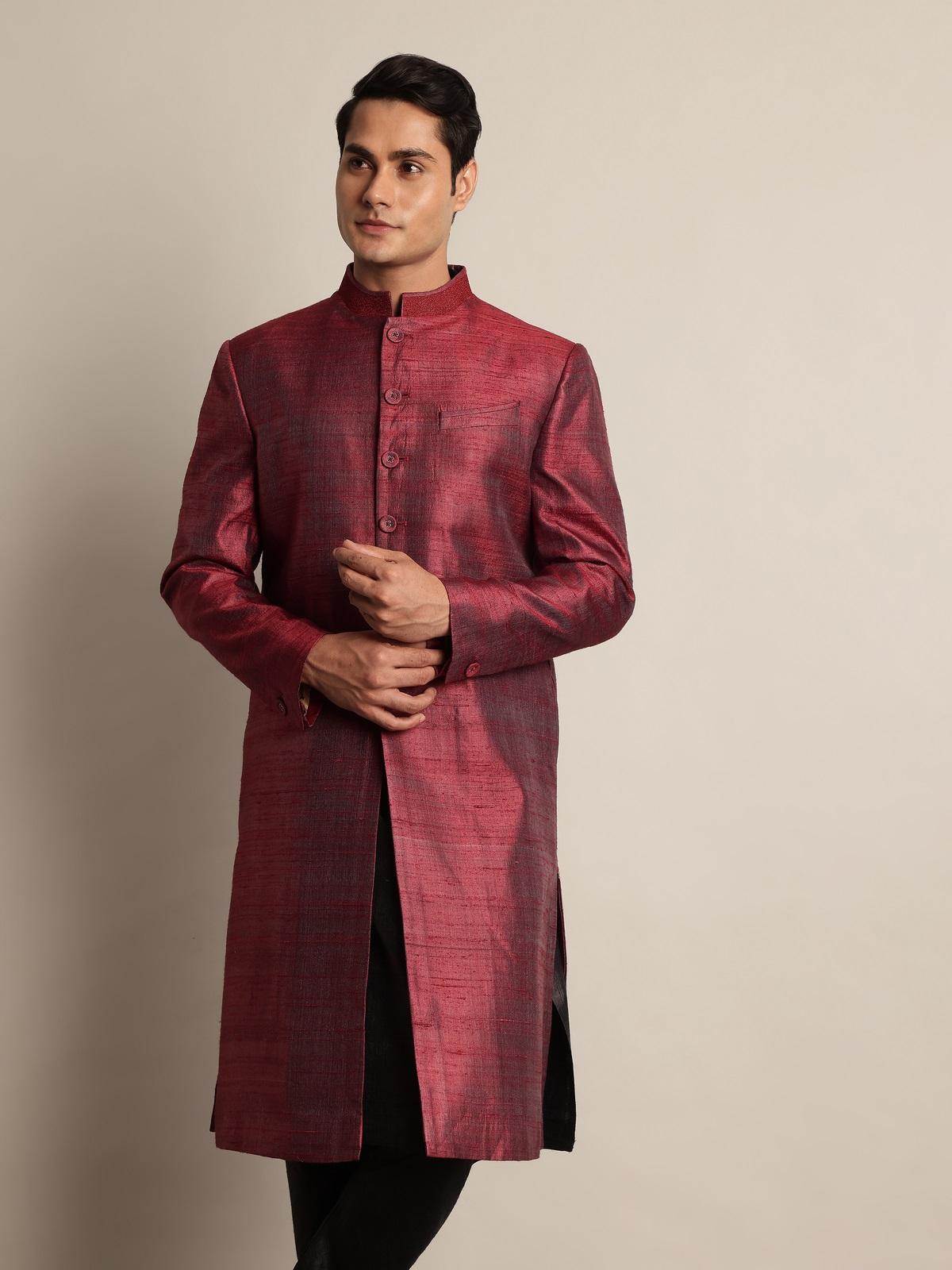 Maroon Mulberry Silk Sherwani