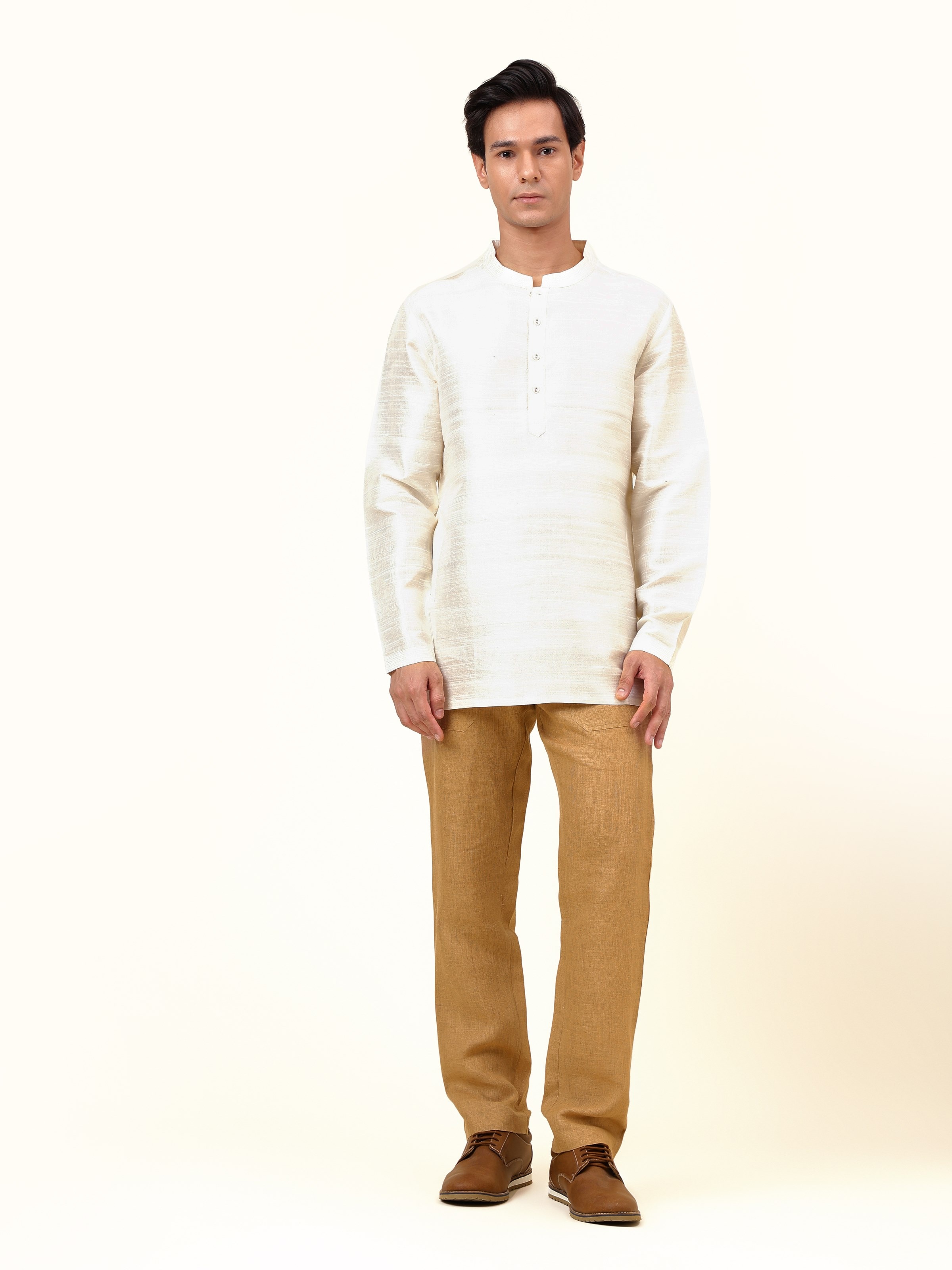 Front view of off-white mulberry silk short kurta with subtle sheen and straight silhouette