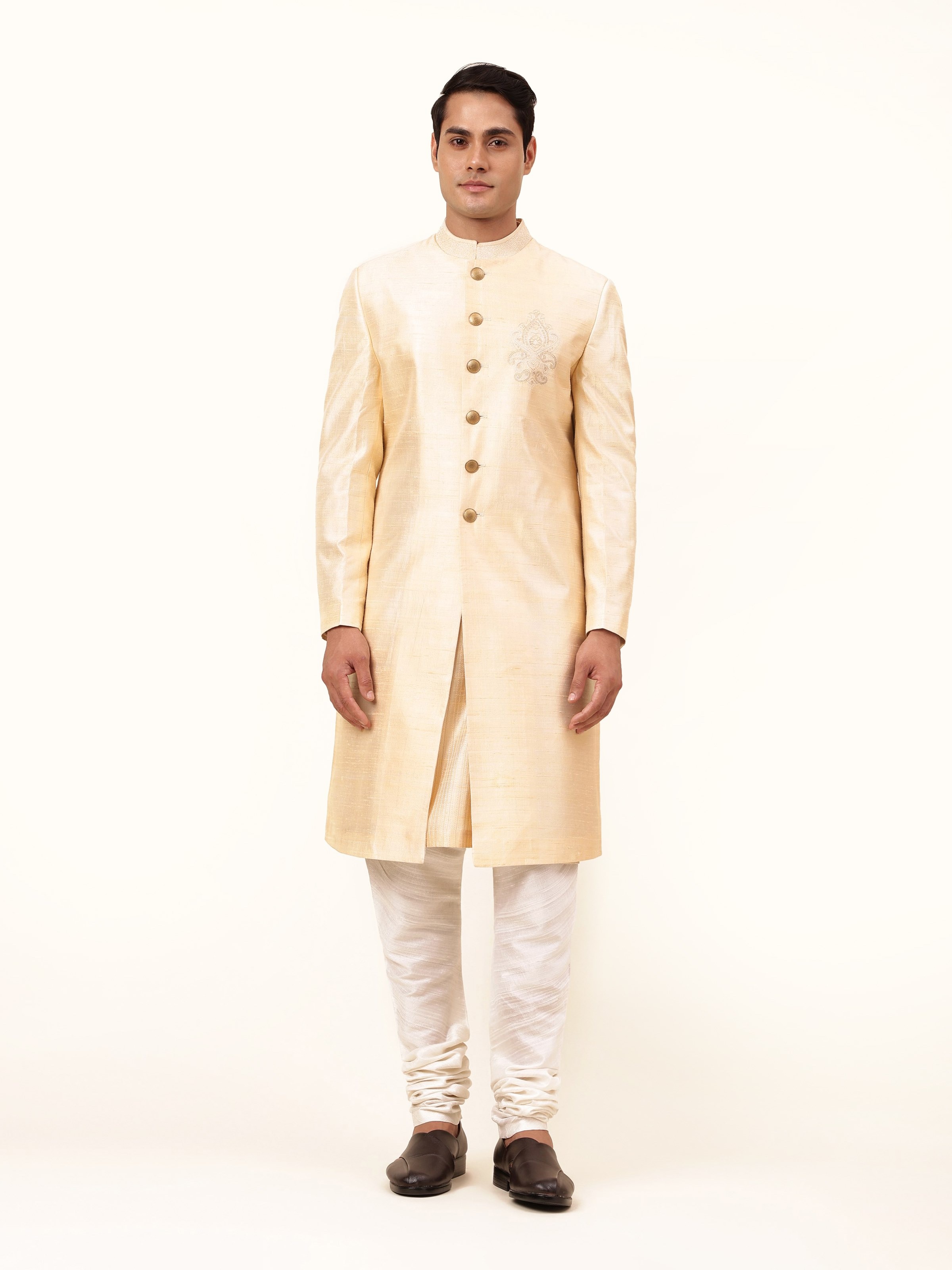 Front view of Off-white Mulberry Silk Embroidered Sherwani with delicate embroidery on off-white mulberry silk