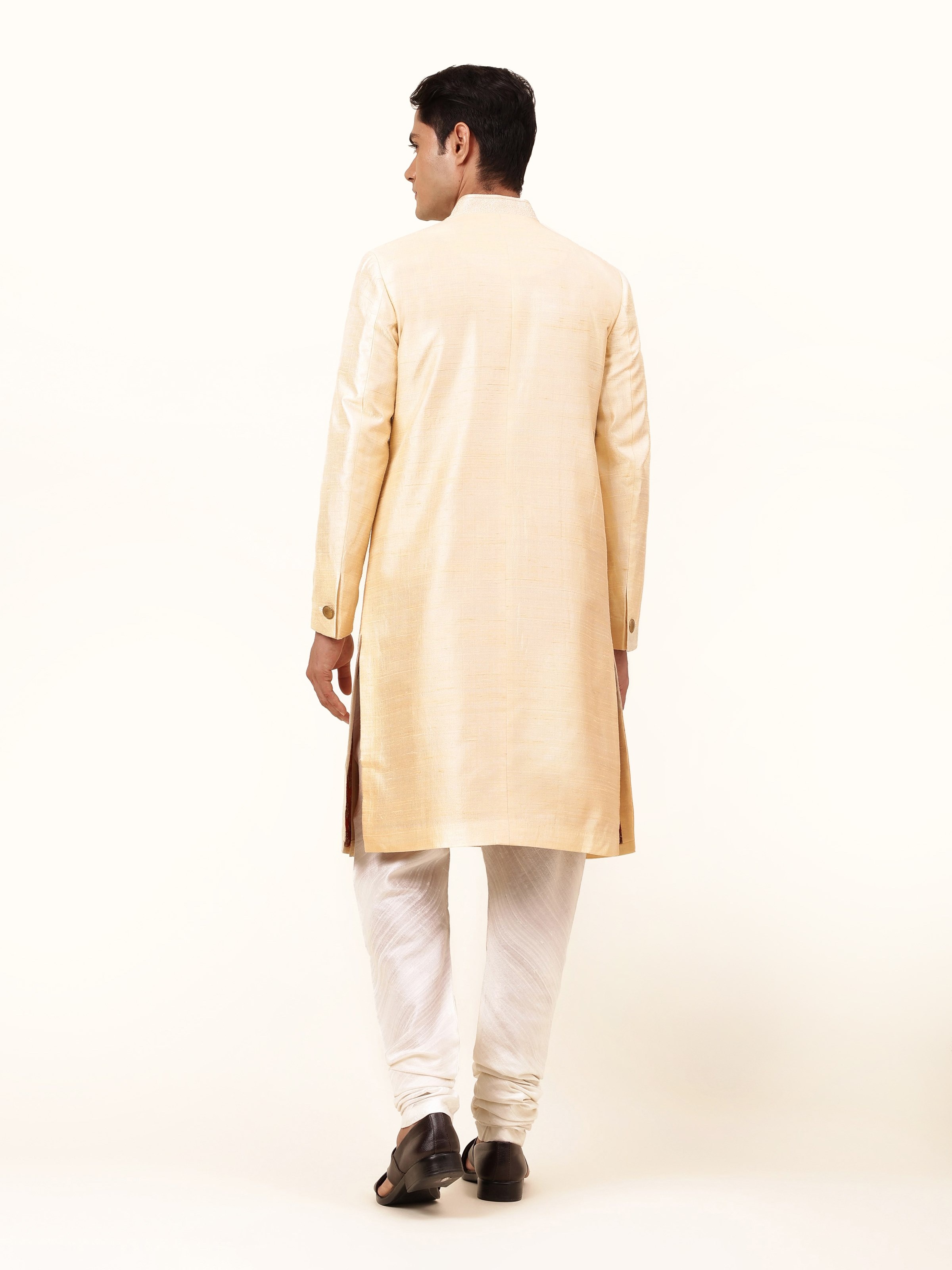 Back view of Off-white Mulberry Silk Embroidered Sherwani displaying full length and embroidered design